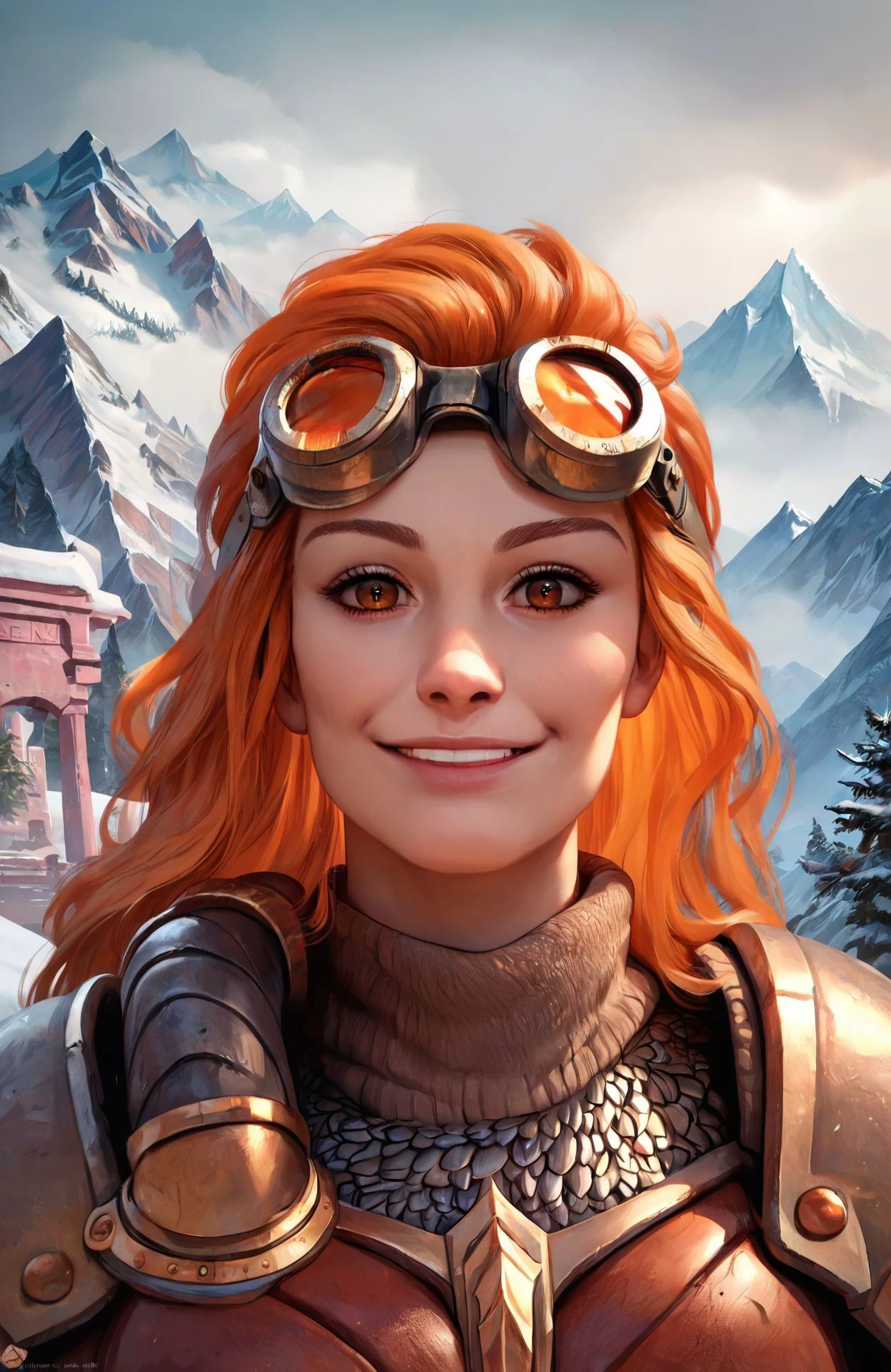 <lora:chandra_pny-9:0.8> 1girl, long hair, orange hair, brown eyes, goggles on head, portrait, looking at viewer, smile, armor, outdoors, mountain, snow, temple, rock, overcast, smoke,, score_9, score_8_up, score_7_up, score_6_up, score_5_up, score_4_up, ponypositive,, (masterpiece, perfectly detailed, detailed face, detailed eyes, beautiful eyes), (ultra HD quality details), 8K, extremely detailed, highres