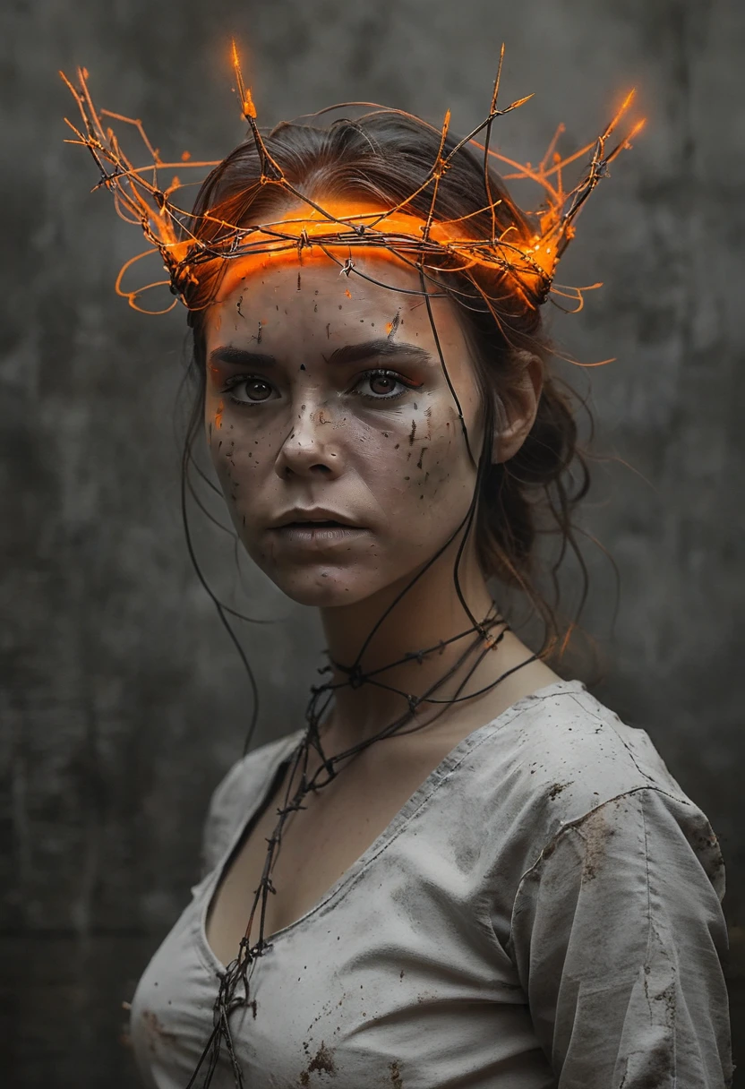 an image of a female with crown of barbed wire and a glow orange, in the style of speedpainting, dark white and dark gray, character studies, dom qwek, nihilcore, wlop, iconic, Wide range of colors, Dramatic, Dynamic, Cinematic, Sharp details, dark, chiaroscuro, low-key