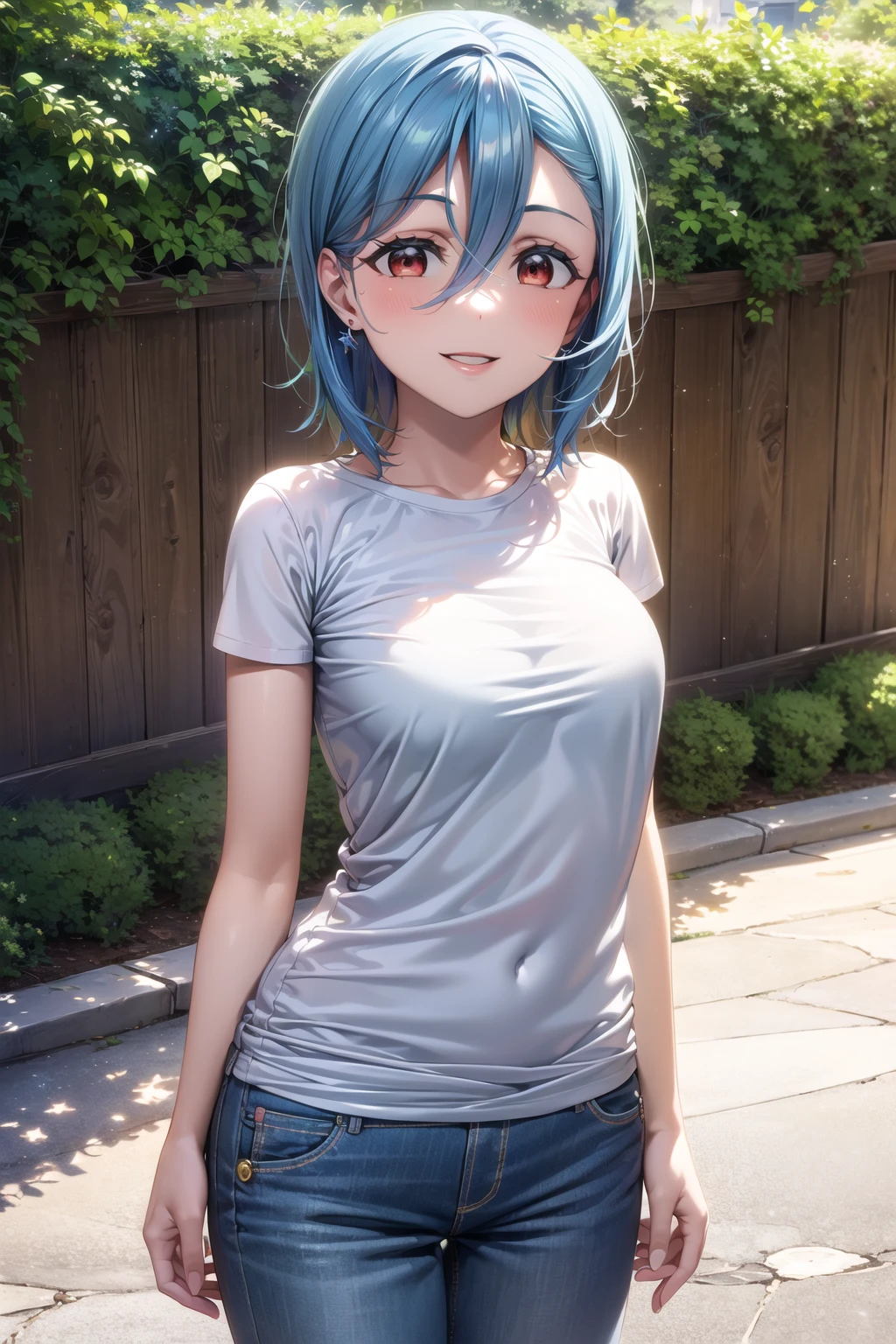 <lora:apstyle2:0.75> apstyle3 apstyle masterpiece best quality detailed eyes masterpiece best quality
1girl, wakana shiki, short hair, blue hair, hair between eyes, jewelry, earrings, bangs, red eyes, <lora:shiki:0.6>, medium breasts, cowboy shot, standing, seductive smile, solo
t-shirt, pants, short sleeves
(outdoors, greenery, sky:1.1) cowboy shot, light smile, standing, (tareme), arms support
<lora:detail_slider_v4:0.5> <lora:more_details:0.3> ah1 <lora:1651489307798708599:0.2>, <lora:GoodHands-vanilla:1> <lora:tareme:0.5>