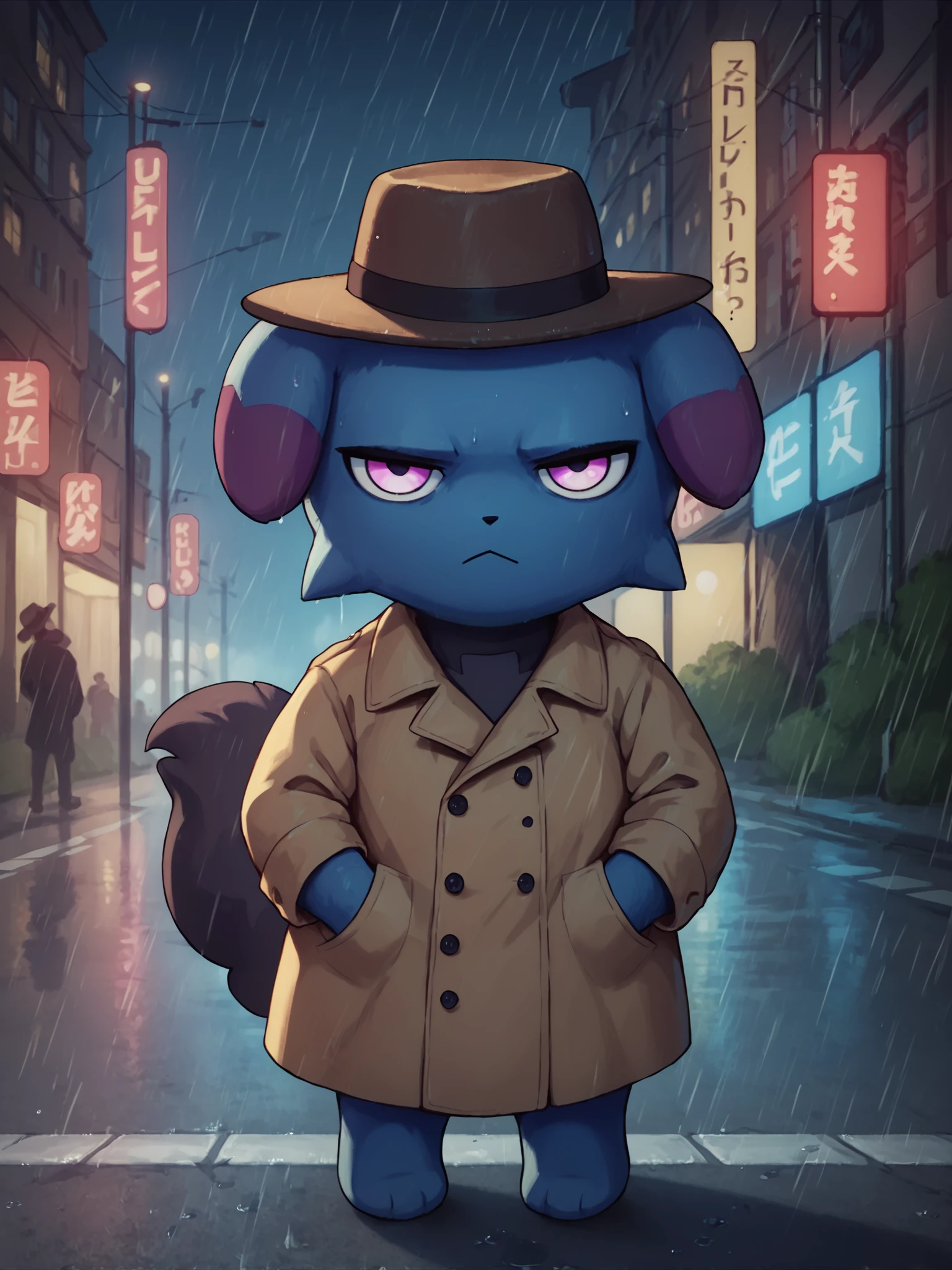 score_9, score_8_up, score_7_up, score_6_up, score_5_up, score_4_up, detailed background, night, city, street, rain, full body, solo BREAK
<lora:Depresso_PDXL_v21-000010:1> depresso, blue body, purple hair, pink eyes, looking at viewer, black tail, fedora, hat, trenchcoat, hand in pocket, standing