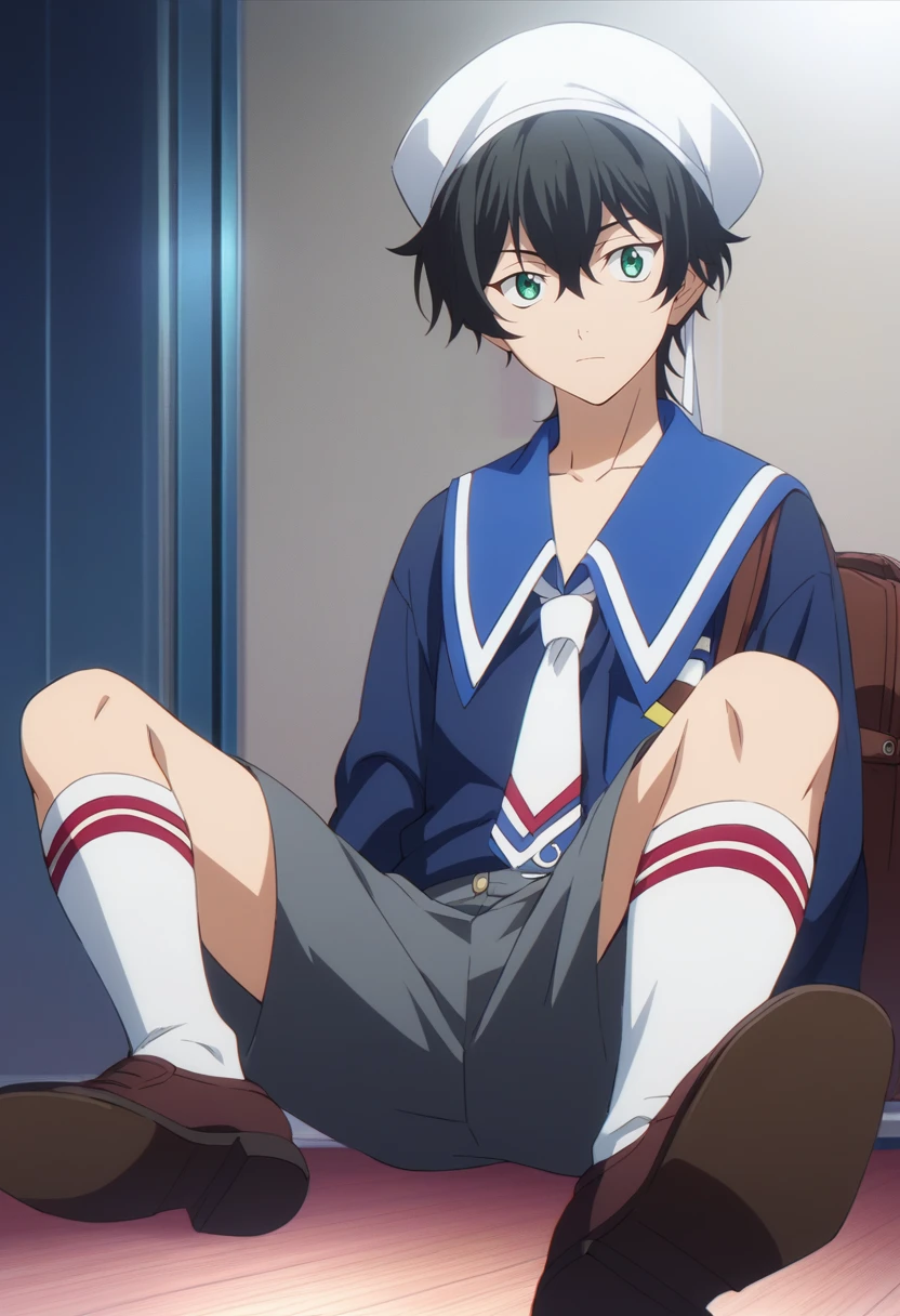 score_9, score_8_up, score_7_up, score_6_up, highly detailed, masterpiece, best quality,detailed,intricate details, amazing quality, best aesthetic, absurdres,source_anime,
male focus, 1boy, Miya Chinen, black hair, green eyes, male focus,
male school uniform, sailor collar, bag, long sleeves, sailor hat, blue shirt, gray shorts, white socks, brown shoes<lora:EMS-399351-EMS:1.000000>