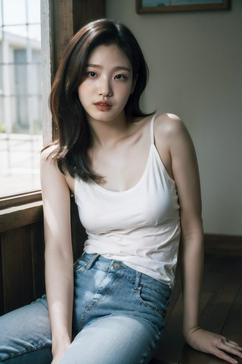 (realistic), (hyperrealism),best quality, masterpiece,ultra high res, (photorealistic:1.4),1girl,(looking at viewer:1.2),1girl, solo, realistic, looking at viewer, parted lips,  short jeans, tanktop,
,   <lora:makina69_kimgoeun_v1.0:1>