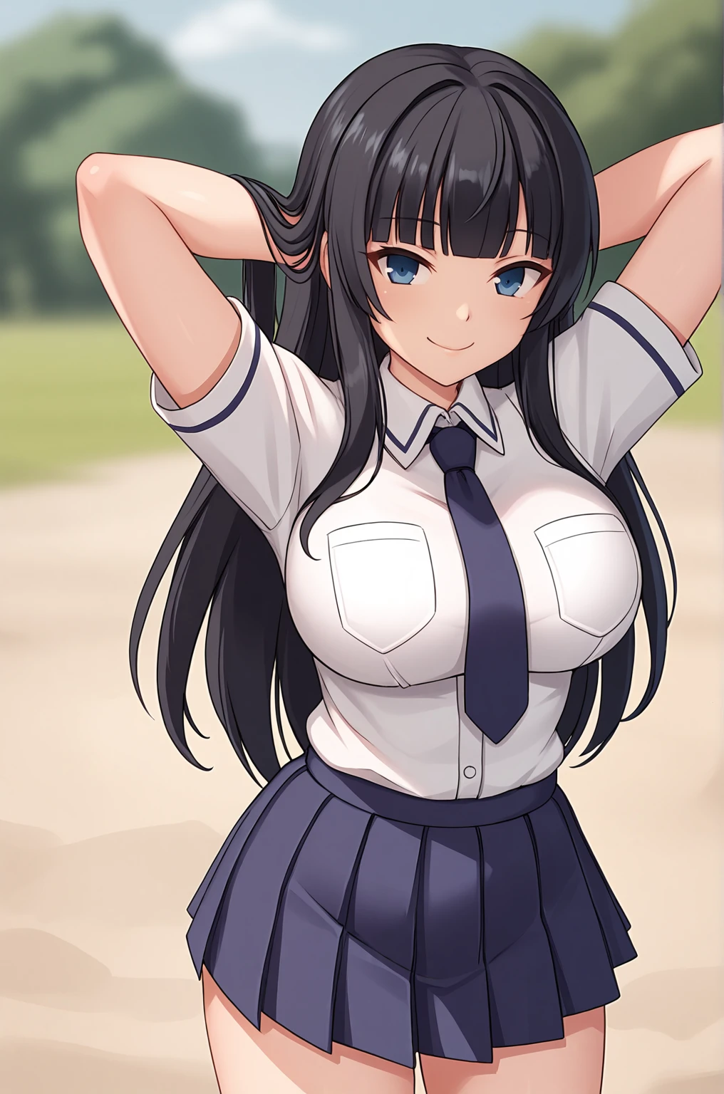 anime artwork, score_9, score_8_up, score_7_up, source_anime, BREAK, thick outline, fat outline,
Ikaruga_XL, long black hair, blunt bangs, hime cut, dark blue eyes, large breasts, BREAK, Ikaruga_School, school uniform, blue necktie, white buttoned shirt, pleated skirt, BREAK, outdoors, hands behind head, smiling,
<lora:Ikaruga_XL:0.7>
<lora:PersonalAmi_PonyXL:1.0>