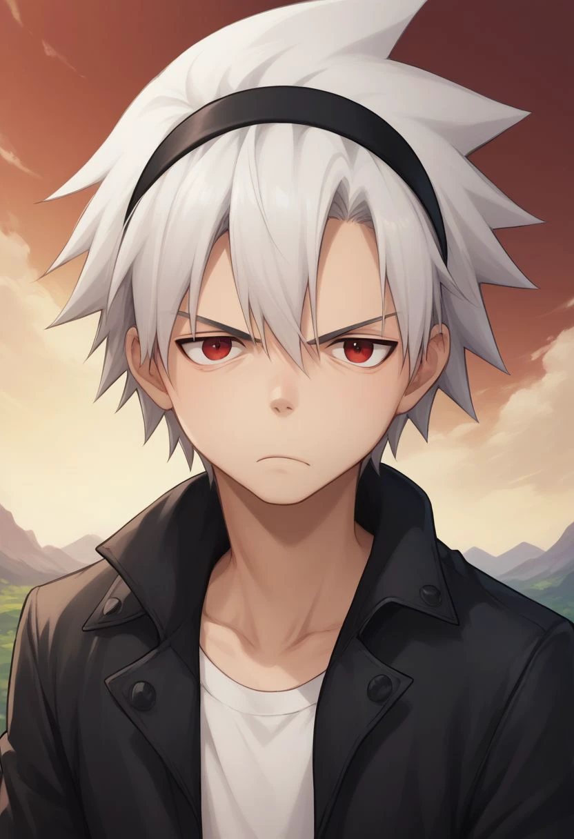 score_9, score_8_up, score_7_up, source_anime, highly detailed, skinny,
soul, 1boy, male focus, white hair, red eyes, solo, spiked hair, jacket, looking at viewer, upper body, shirt, black jacket, frown, open clothes, hairband, black hairband,
outdoor,