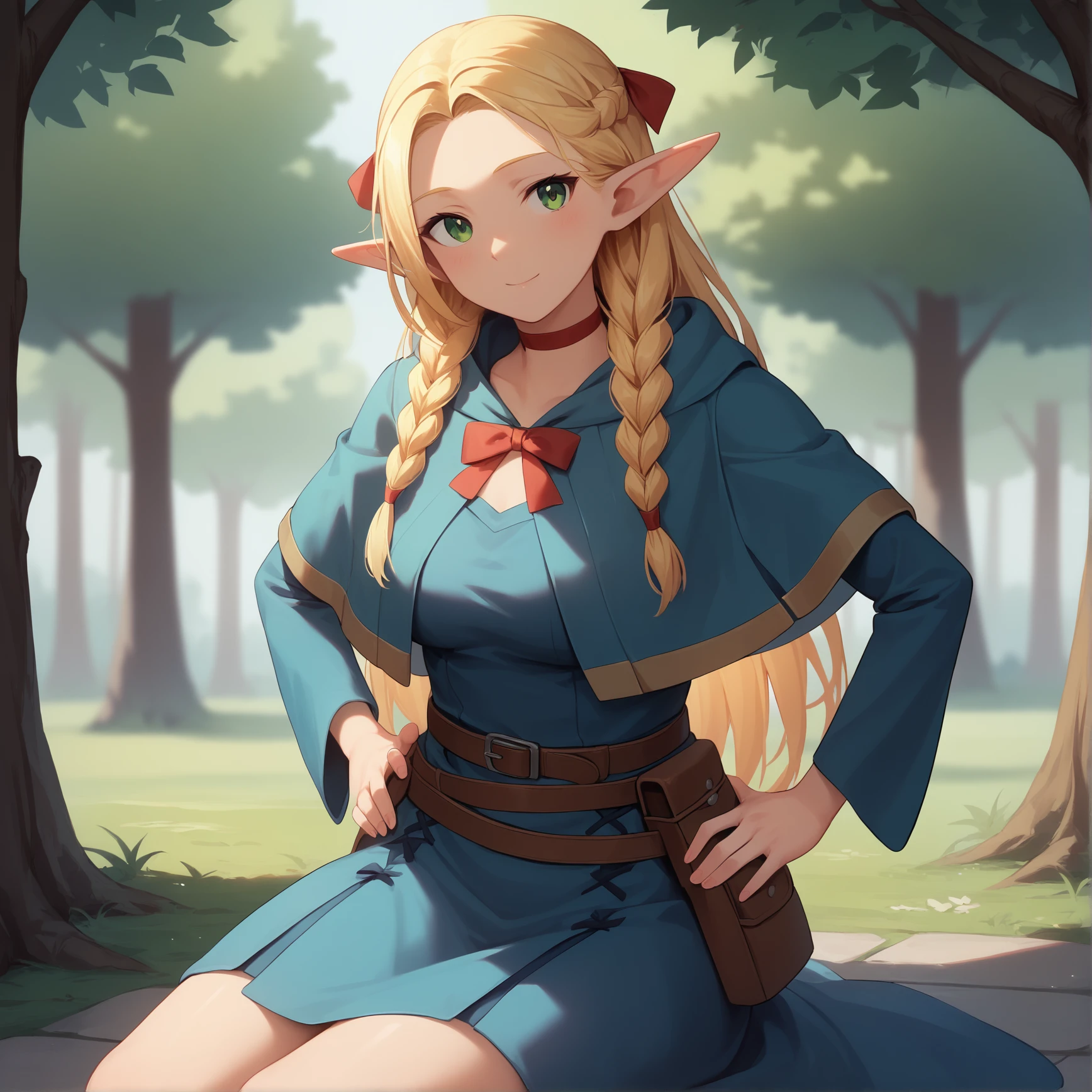 (score_9,score_8_up,score_7_up), (masterpiece, 8K, high quality, highres, ultra-detailed, absurdres, best quality, detailed),
aimarsil, 1girl, solo, long hair, green eyes, braid, hair bow, pointy ears, blonde hair, twin braids, elf, red hair ribbon, hair ribbon,
long sleeves, dress, bow, belt, wide sleeves, capelet, blue dress, pouch, robe, belt pouch,
wariza, w-legs, w-sitting, looking at viewer, hands on own hips, outdoors, forest, <lora:Marsil_PonyXL:1>, <lora:add_details_xl:0.5>