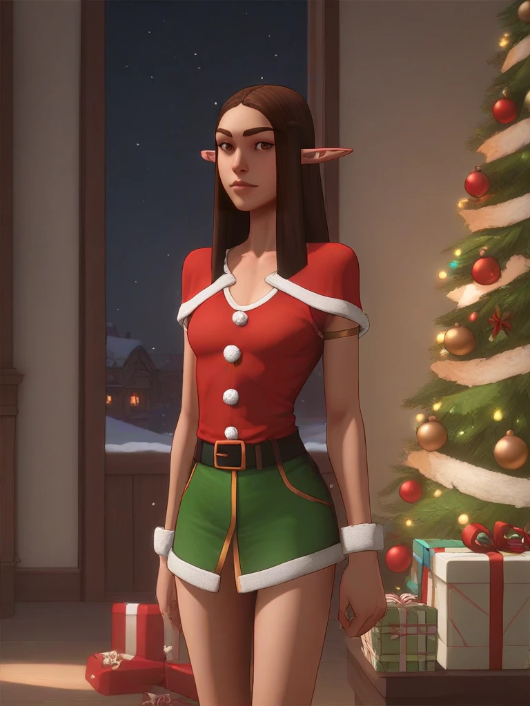 <lora:MnM Woodelf Druid - PDXL:1.7>source_cartoon, score_9, low_poly, mnm, woodelf, female, pointy ears, dark brown hair, standing, brown eyes, small breasts, pointy breasts, dressed like Santa, sexy santa, source_cartoon, score_9, score_8_up, score_7_up,