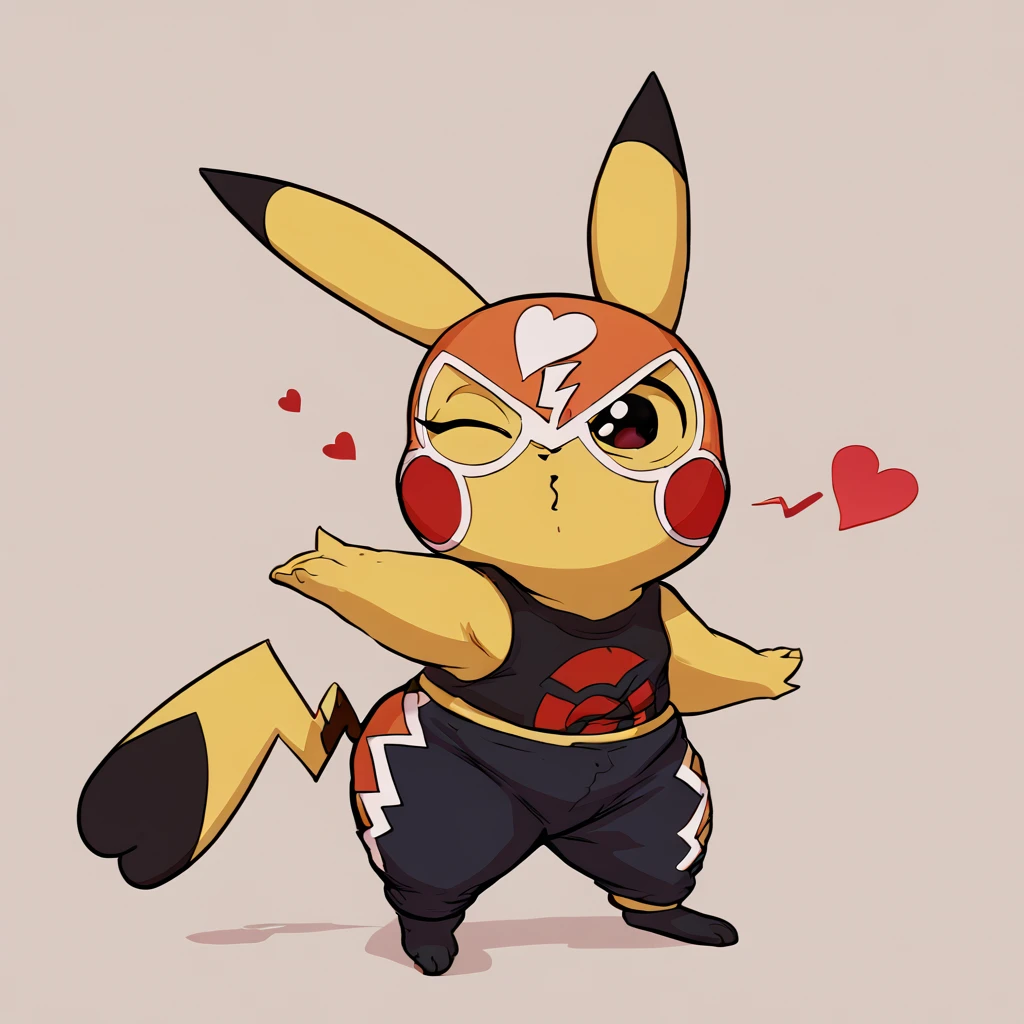 <lora:Pikachu_Libre:1>, BREAK
score_9, score_8_up, score_7_up
Pikachu Libre, shortstack, feral, blowing kiss, heart, winking, big eyes, feminine, by kempferzero, by wamudraws,  <lora:FrierenBlowingKissMeme_XLPD:1>