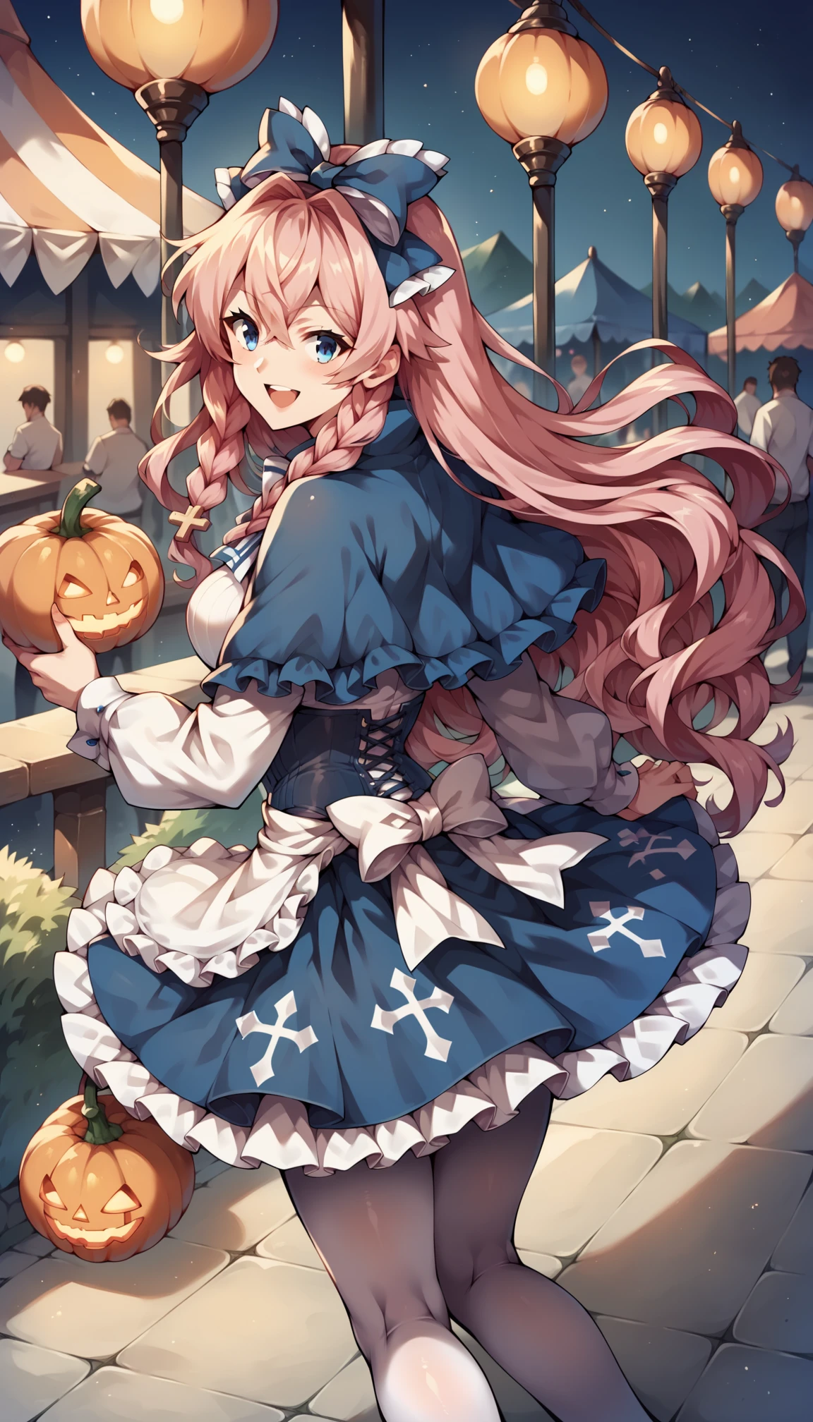 score_9, score_8_up, score_7_up, score_6_up, score_5_up, score_4_up, source_anime BREAK <lora:Harpae-v1:1> 1girl, harpae, hair bow, blue eyes, very long hair, wavy hair, pink hair, braids, blue capelet, bowtie, shirt, white sleeves, blue corset, skirt, apron, white pantyhose
ht, festival, outside, obon lamps, high angle shot, looking back, pumpkins, smile, open mouth, walking