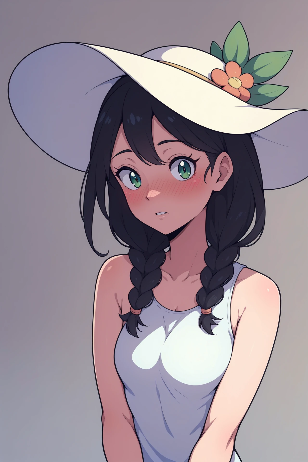 score_9, score_8_up, score_7_up,score_6_up,inzaniak,<lora:bouncy_pony:0.55>
,sun_hat,upper_body,unworn_headwear,bare_shoulders,long_hair,holding_hat,blush,highres,pokemon_sm,game_freak,side_braids,omochi_\(omotimotittona3\),1girl,sleeveless,hat