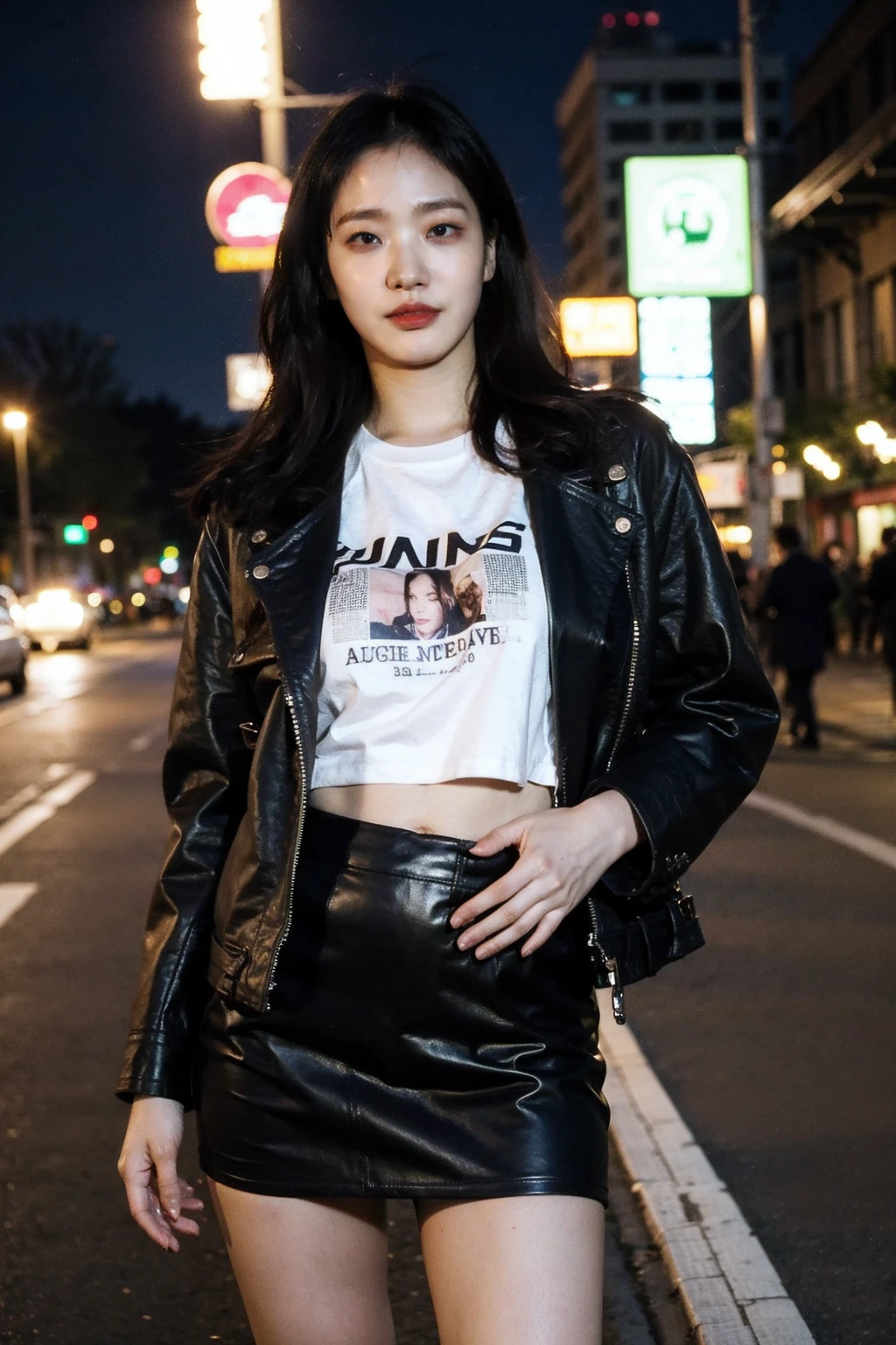 Best quality, masterpiece, ultra high res, (photorealistic), raw photo,1girl, (dark skin), cowboy shot,solo, realistic, looking at viewer, bokeh background, city streets,long hair, tshirt, short skirt, navel, leather jacket,   <lora:makina69_kimgoeun_v1.0:1>