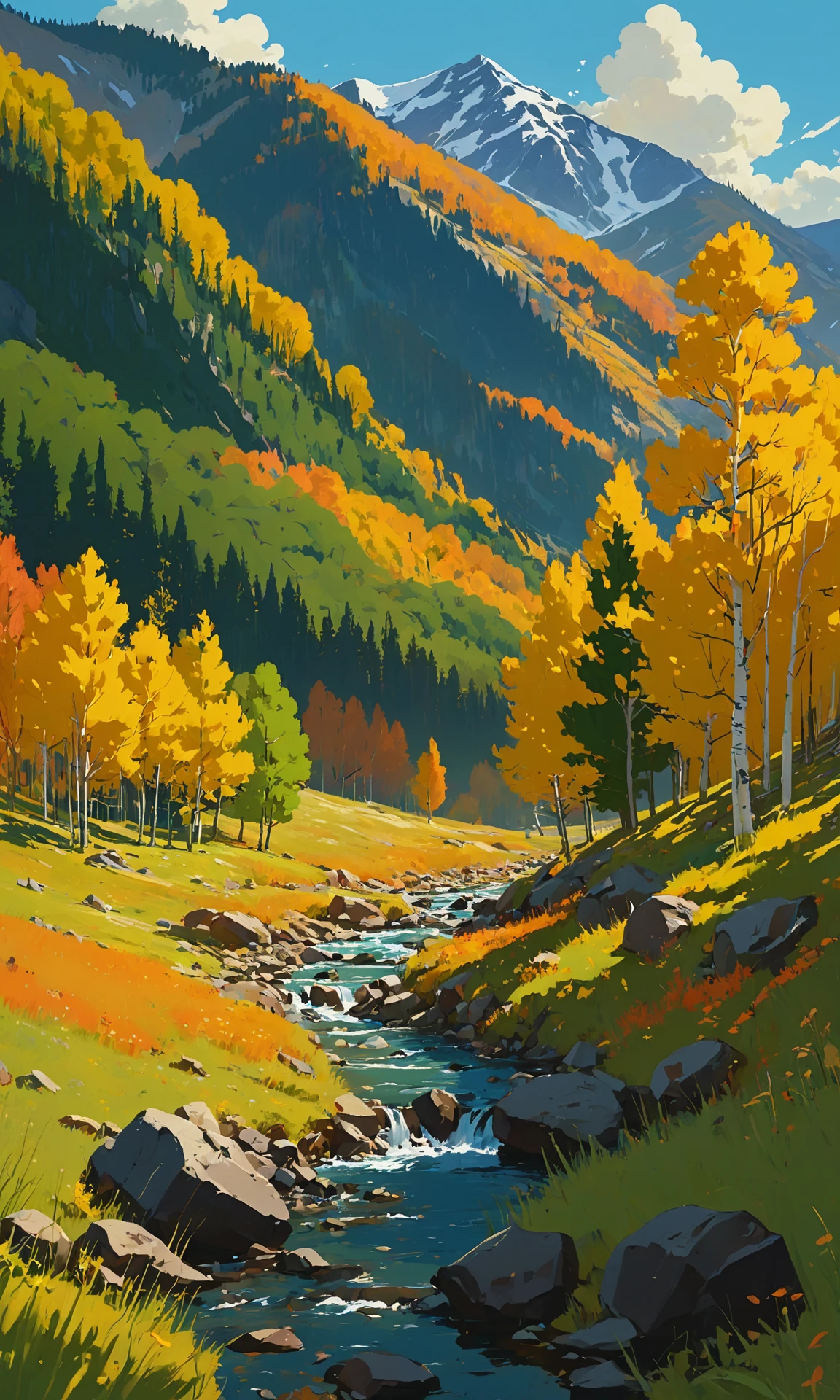 Bittersweet, meadow, Bright Aspen trees in fall, mountainside, stream, acrylic painting, trending on pixiv fanbox, palette knife and brush strokes, style of Makoto Shinkai, Jamie Wyeth, James Gilleard, Edward Hopper, Greg Rutkowski, Studio Ghibli, Genshin impact