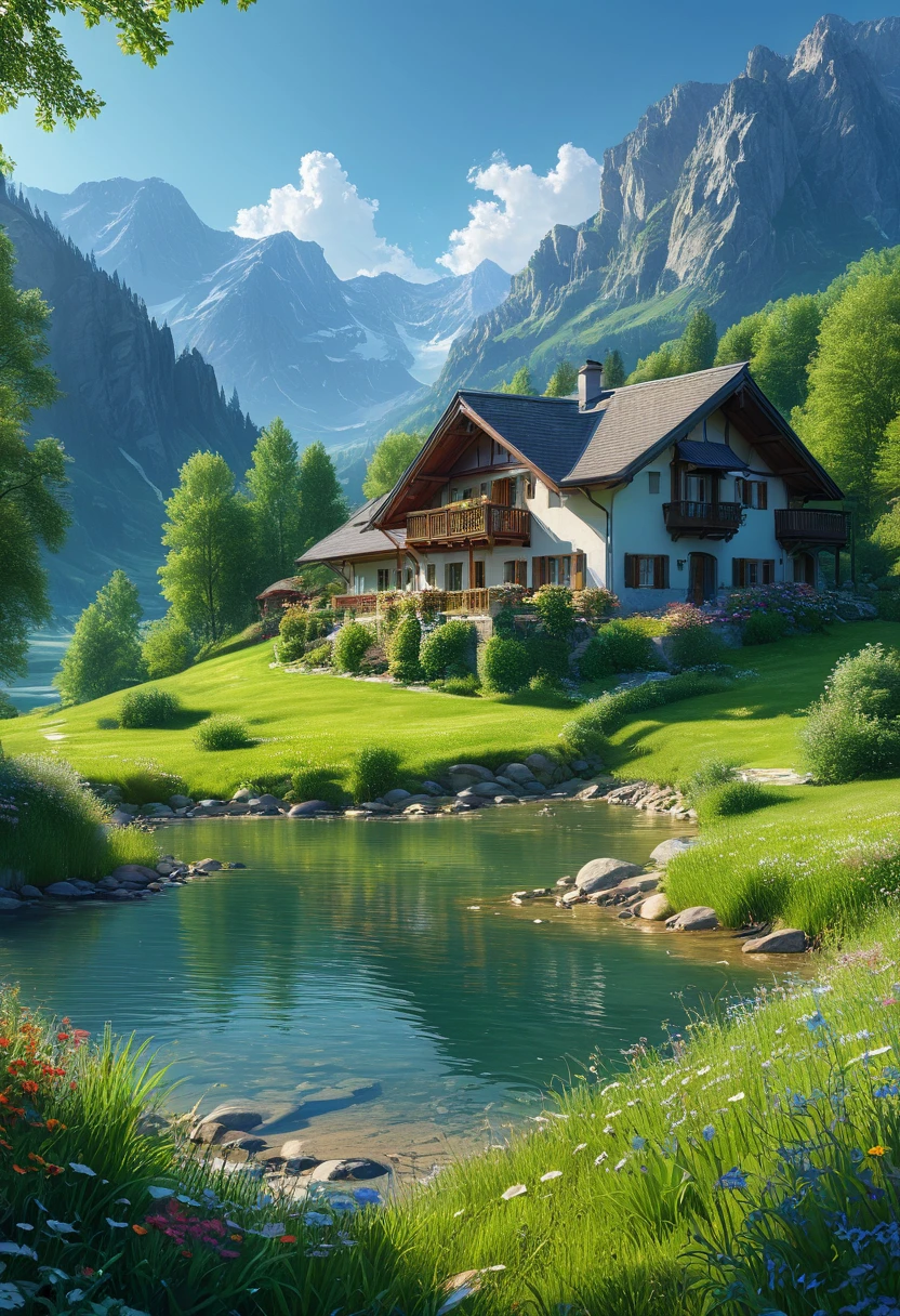 (ultra high res:1.4), (masterpiece:1.4), (beautiful lighting:1.4), idyllic mountain landscape with green meadows, trees and flowers. There is also a house in front of it, which stands on one side next to a small lake. It is a bright sunny day with a blue sky. 