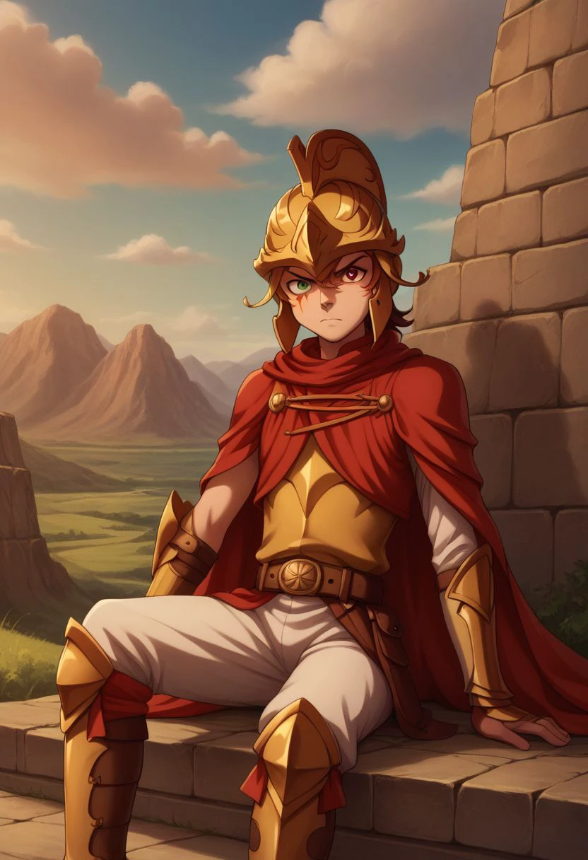 score_9, score_8_up, score_7_up, source_anime, highly detailed, 
trey, solo, armor, cape, helmet, male focus, gold armor, 1boy, red cape, shield, sheath, belt, parody, shoulder armor, brown hair, serious, upper body, skinny, green eye, red eye, facial tattoo, heterochromia, boots, knee boots, sit,
outdoor, sky, day,