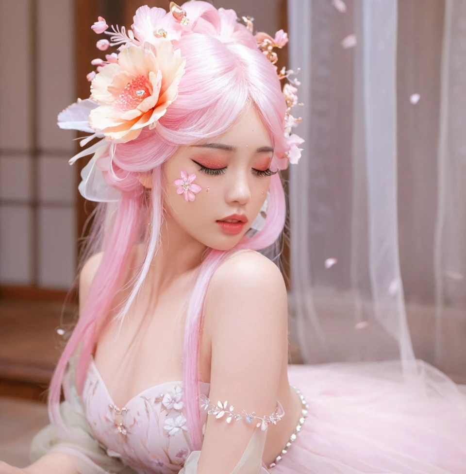 Close-up of woman in costume,Beautiful celestial magician,Amazing young ethereal figure,shaxi,Flowing magic robe,White Hanfu,xianxia fantasy,belle delphine,Ethereal fantasy,Elegant and charming role play,Half lying on the ground,Feminine and colorful,It's a mess,Night view,Lots of neon