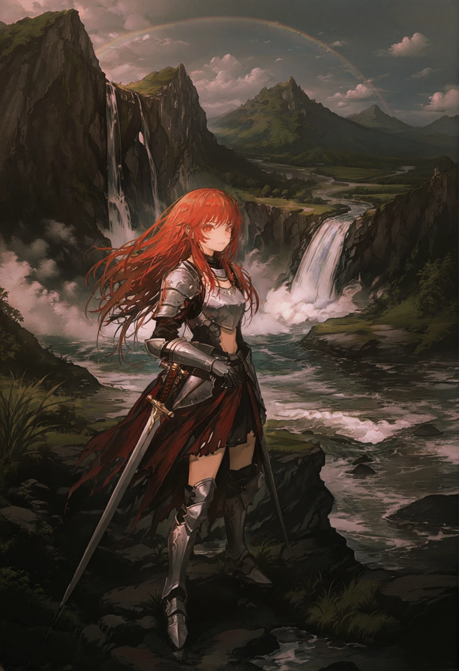 1girl,
solo, red hair, Swimwear, waterfall, rainbow, scenery, sky, cloud, red eyes, cloudy sky, outdoors, cliff, grass, armored gloves, fantasy, armored boots, armor, gloves, looking at viewer, wolf, long hair, pillar, boots, weapon, rock, shield, sword, ruins, water, mountainous horizon, helmet,
masterpiece, best quality
<lora:johnkafkaXLlokr4f-000179:0.95>