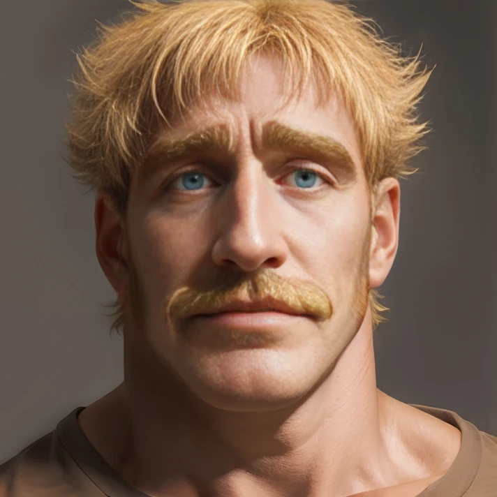 absurdres, straight-on, (portrait:1.2), close-up, <lora:Johness2011:0.8>, johness, (tareme:0.7), muscular male, brown shirt, grey background, (mustache:0.8), blonde hair