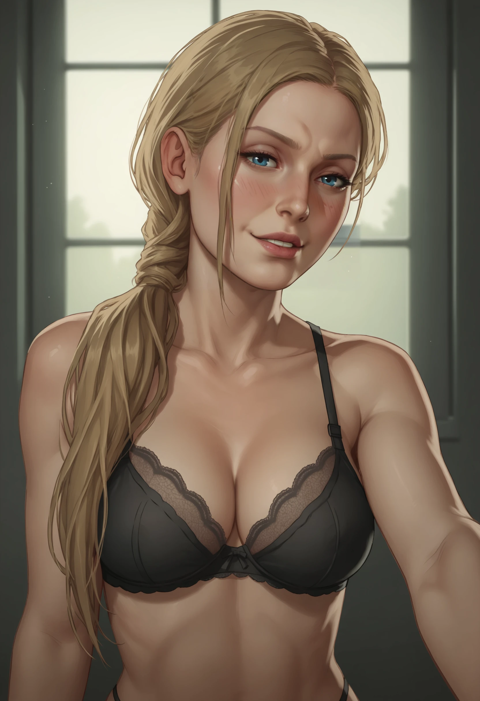 ((solo,1woman, mature, alone))), sinclair, ((blonde hair, ponytail,  glowing green eyes, wide eyes, makeup, narrow waist, skinny, medium breast)), pelvic curtain, ((black panties, black bra)), full body, perfect body, (insanely detailed, beautiful detailed face, masterpiece, best quality), (extremely detailed 8k paper CG wall unit: 1.1), (bedroom settings), (smile face for the viewer), cameltoe view, 