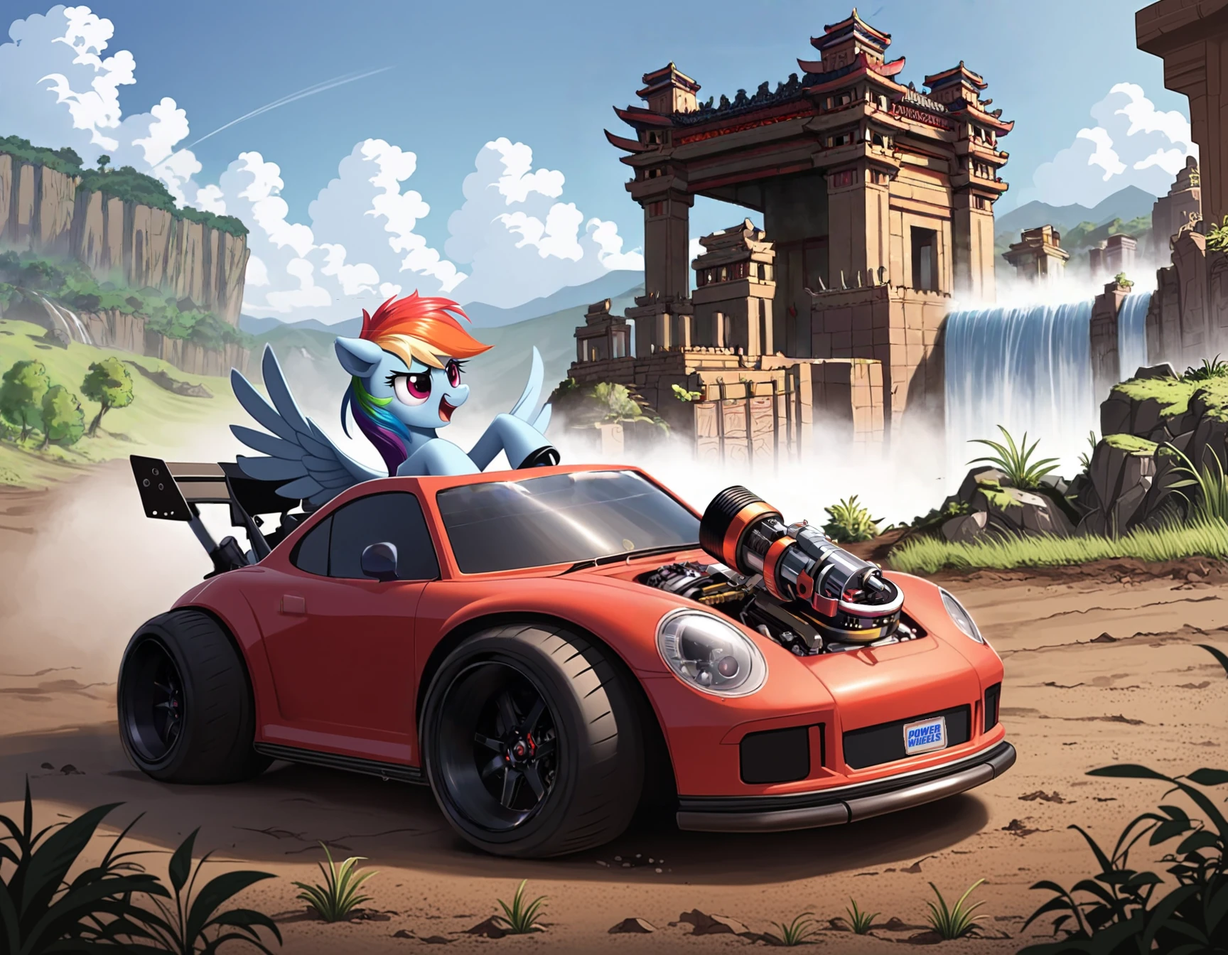 score_9, score_8_up, score_7_up, score_6_up, score_5_up, score_4_up,  
source: illustration,Porsche,pony, stallion,rainbow dash,solo, is driving a white Porsche, with a supercharger motor, action scene,at a ancient thai temple, djungle,waterfall, landscape, outdoors