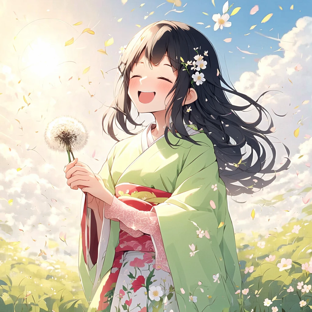 cute style,A beautiful anime-style girl with dark, flowing hair adorned with small flowers, wearing a traditional light green kimono with floral patterns. She is joyfully holding a dandelion puff and smiling with her eyes closed, basking in the warm, golden sunlight. The background is a dreamy sky with soft, fluffy clouds and flying petals, creating a sense of happiness and freedom.