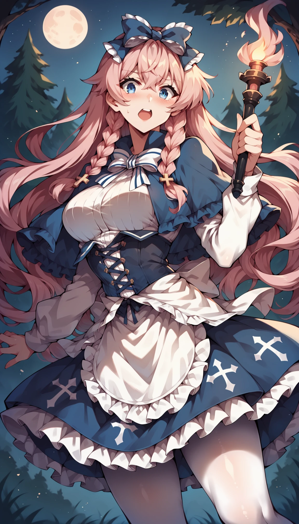 score_9, score_8_up, score_7_up, score_6_up, score_5_up, score_4_up, source_anime BREAK <lora:Harpae-v1:1> 1girl, harpae, hair bow, blue eyes, very long hair, wavy hair, pink hair, braids, blue capelet, bowtie, shirt, white sleeves, blue corset, skirt, apron, white pantyhose
dark forest, spooky, trees, ht, moon, torch, afraid