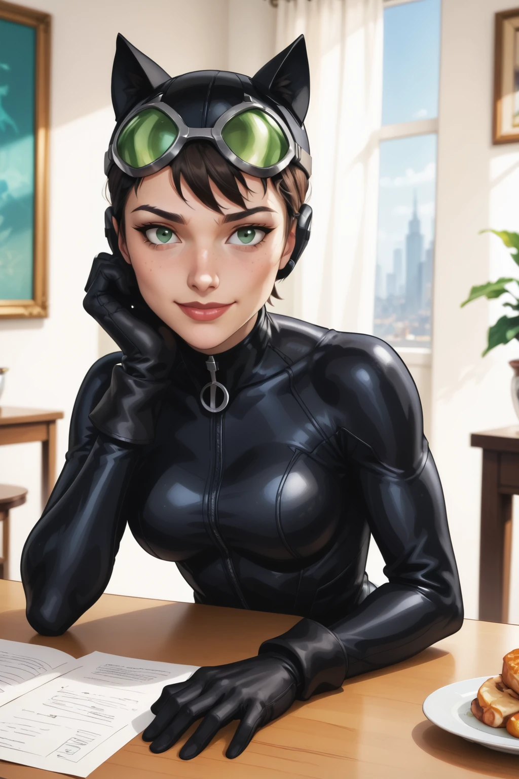 score_9, score_8_up, score_7_up, masterpiece, high quality, BREAK
<lora:Catwoman HushPonyLoRA:0.8>ctwmnhsh, bodysuit, helmet, animal ears, goggles on head, gloves, behind a table, boobs on table, smile, head handrest, short hair