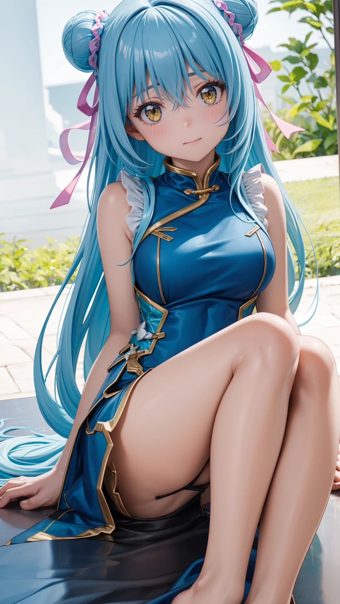 (masterpiece, best quality),ray tracing,absurdres,HDR,1girl,long hair,light blue hair, rimuru tempest, yellow eyes,large breasts, china dress, ribbon, sleeveless, closed mouth, hair between eyes, double bun, chinese clothes, dress, sleeveless dress, blue dress, bangs, , hair bun, shiny hair, hair ribbon, blush, shiny, floating hair, pink ribbon, looking at viewer, sitting, sweatdrop, , short dress, straight hair,  very long hair, purple ribbon, solo, , , ,barefoot, <lora:rimuru hagun:0.7>