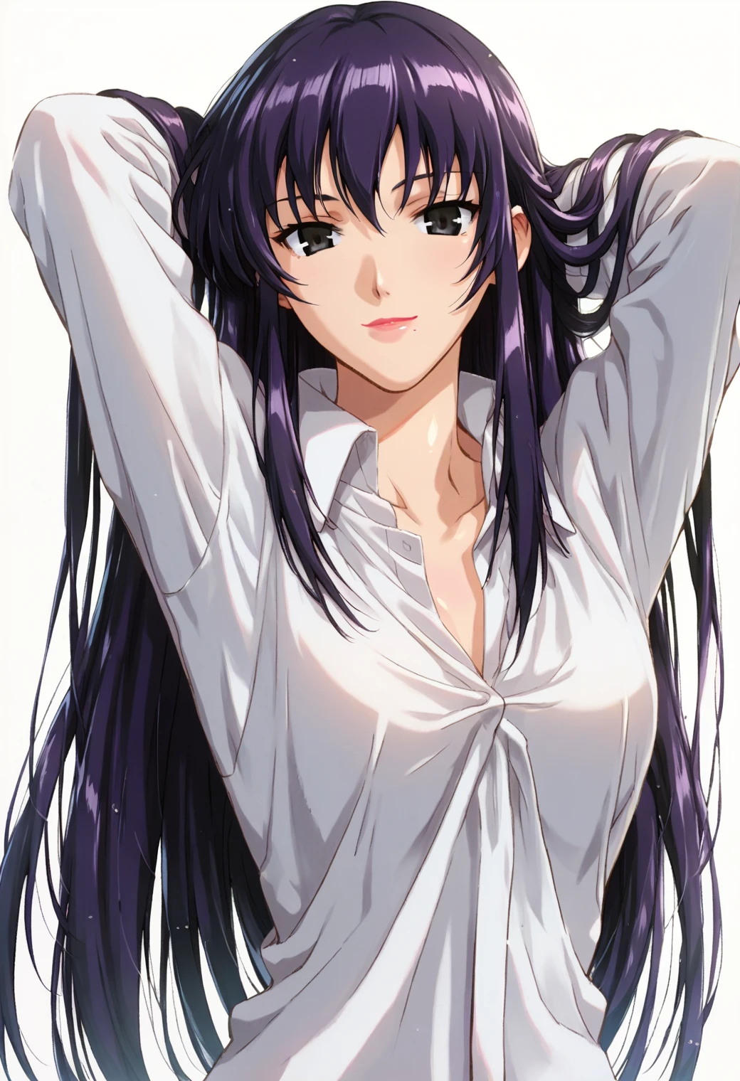 <lora:osakabe_itoko_ponyxl_v1:1>, osakabe itoko, black eyes, purple hair, long hair, solo,
cowboy shot, front view, smile, lipstick, arms behind head,
white shirt, collared shirt, 
white background,
score_9, score_8_up, score_7_up, score_6_up, anime coloring, uncensored, shiny skin, (high quality, detailed, beautiful), shiny, detailed beautiful eyes, outstanding, countershading, detailed soft lighting