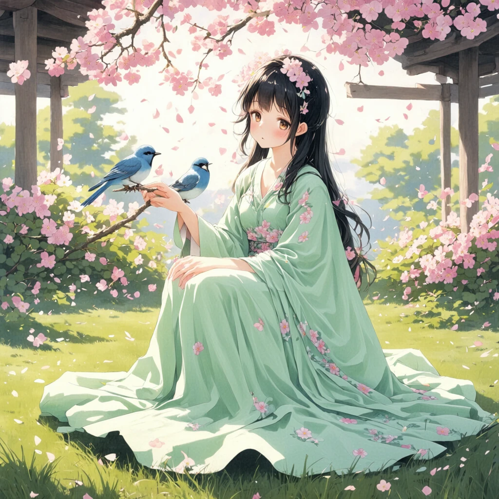 cute style, A graceful anime-style girl with long, flowing dark hair adorned with flowers, wearing an elegant light green traditional gown with intricate floral embroidery. She is seated in a serene, traditional Japanese garden, holding a delicate flowering branch. Two small blue birds are perched nearby, and soft petals are falling around her. The background features intricate wooden architecture and dappled sunlight, creating a tranquil and enchanting atmosphere.