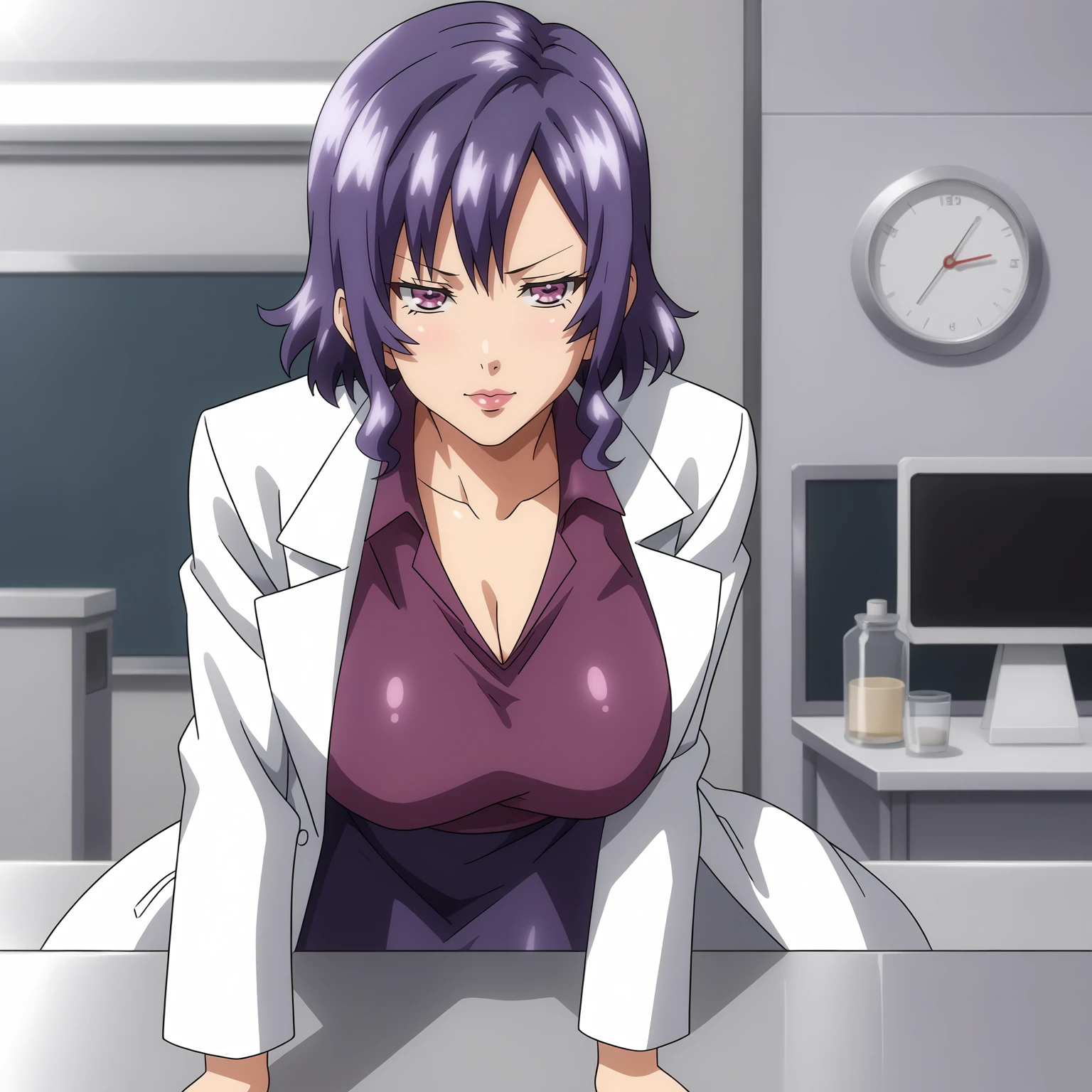 <lora:AyakaShigaXLpony001>,
solo,
AyakaShiga,1girl,purple hair,medium hair,purple eyes,pink lips,
large breasts,
lab coat,purple shirt,
pencil_skirt,