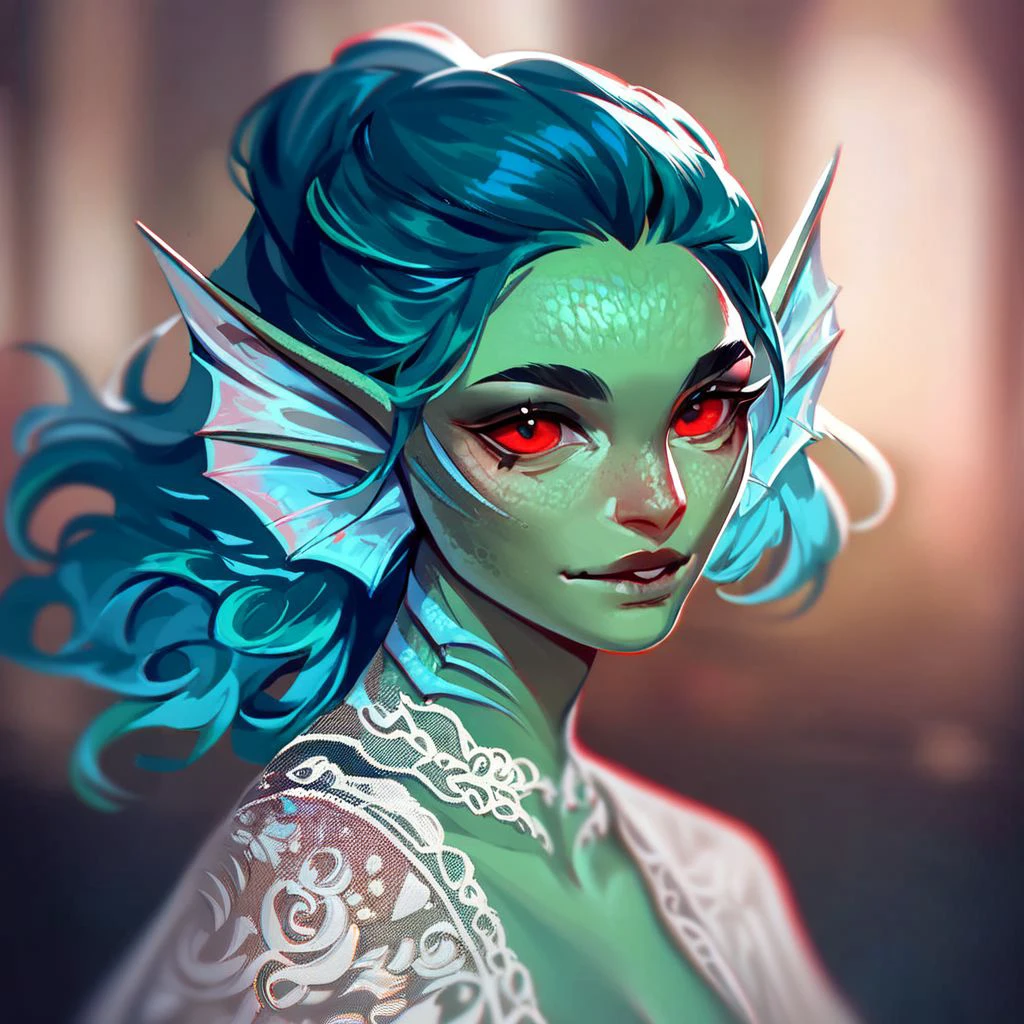 (((beautiful, high quality))), upper Body, score_9, score_8_up, score_7_up, 
Triton, head fins, gills and fins, scales, 1girl, green skin, blue hair, red eyes, white lace cape,
looking at the viewer, posing, blurred background,