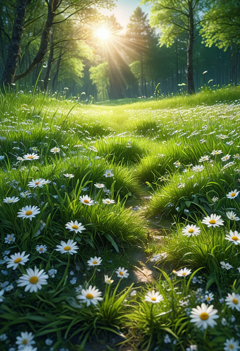 (ultra high res:1.4), (masterpiece:1.4), (beautiful lighting:1.4), In the morning, sunlight shines on green grass and trees in spring. The blue sky is full of white clouds, with small daisies blooming under them. A beautiful forest scene surrounded by flowers, with clear details and bright colors.