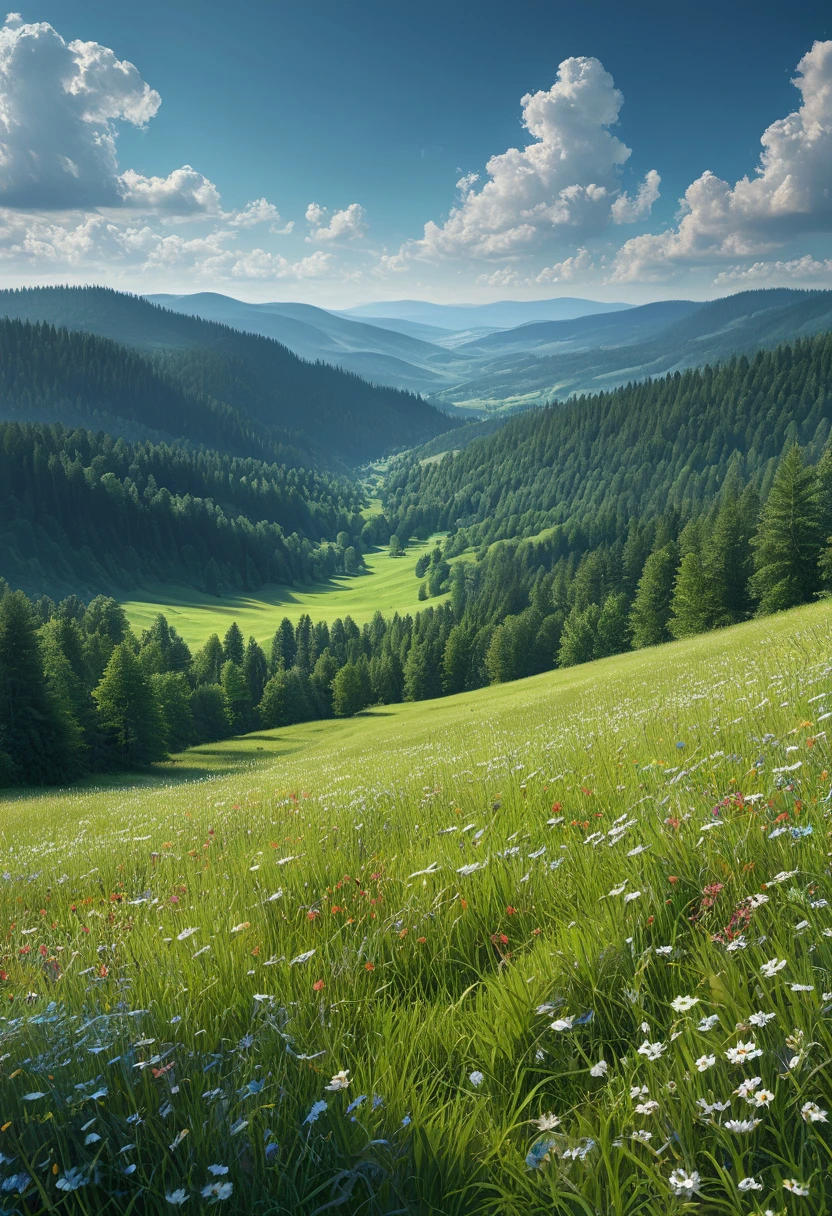 (ultra high res:1.4), (masterpiece:1.4), (beautiful lighting:1.4), A panoramic view of the Black Forest landscape, showcasing rolling hills and dense forests under a clear blue sky with fluffy white clouds. The foreground features wildflowers in full bloom, adding color to the scene. In the background is an endless expanse of greenery extending into distant mountains.