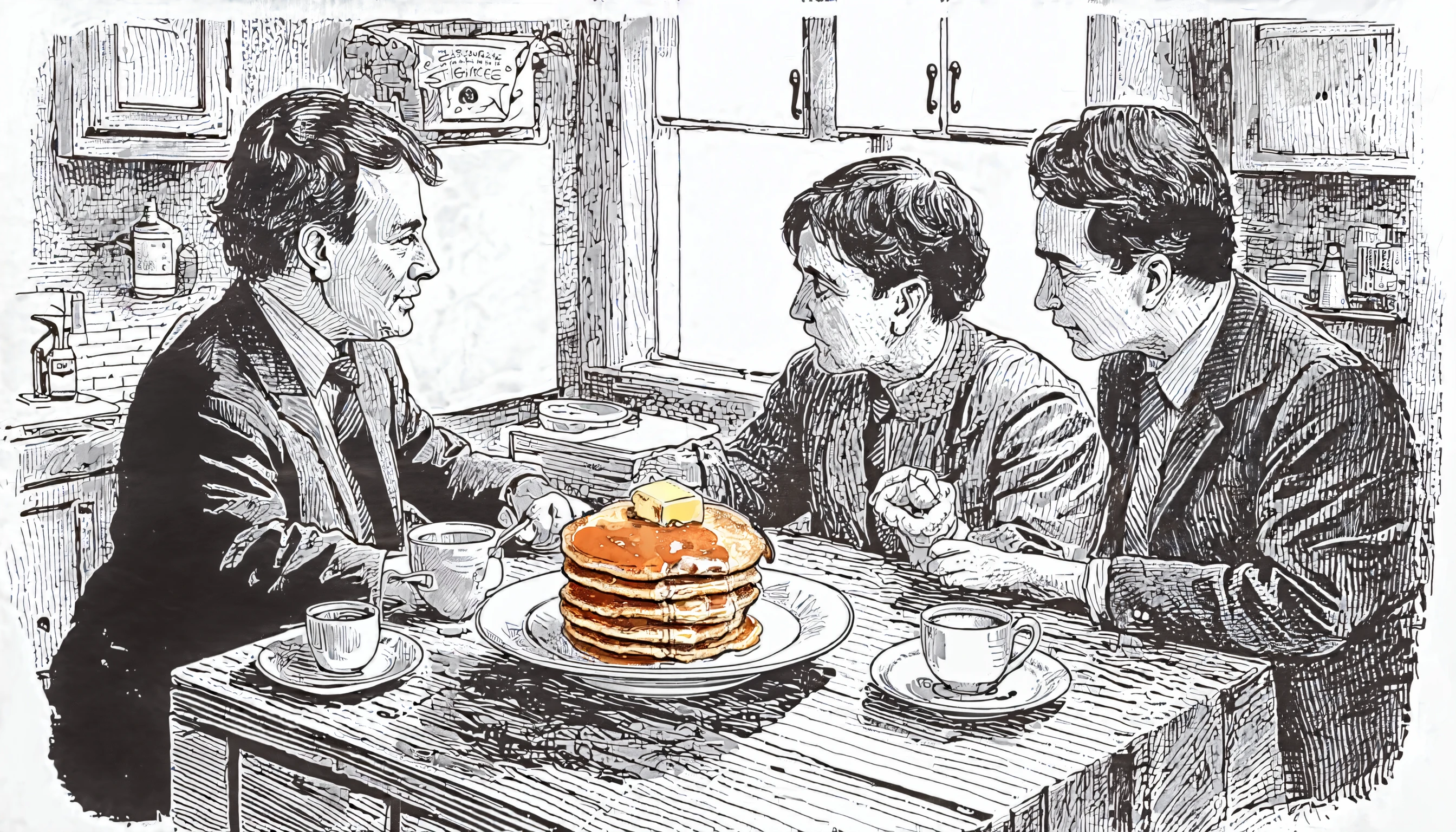 sketch/(ttp/),A cozy kitchen on a Sunday morning. The smell of freshly brewed coffee fills the air, and a stack of fluffy pancakes sits on a plate, topped with butter and syrup. Sunlight streams through the window, casting a warm glow on the wooden table where a family gathers for breakfast.