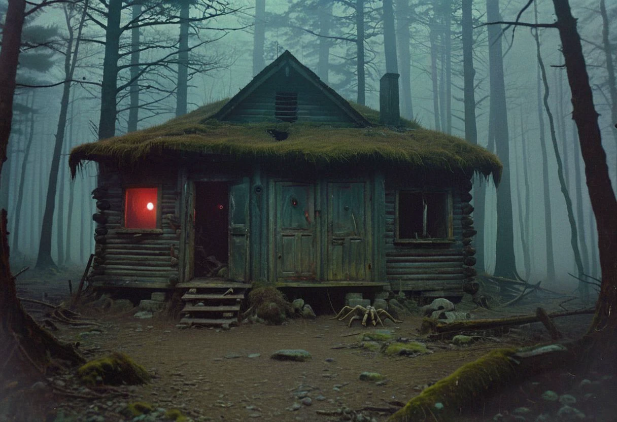 belomo_kodak_gold, In grainy, distressed footage, a group of friends explores an abandoned cabin in the middle of a dark, foggy forest. As they investigate the eerie interior, strange noises are heard. Suddenly, a grotesque creature with multiple limbs and glowing red eyes crawls out from the shadows. The camera captures their panicked screams and frantic attempts to escape, creating a chilling, gothic atmosphere.