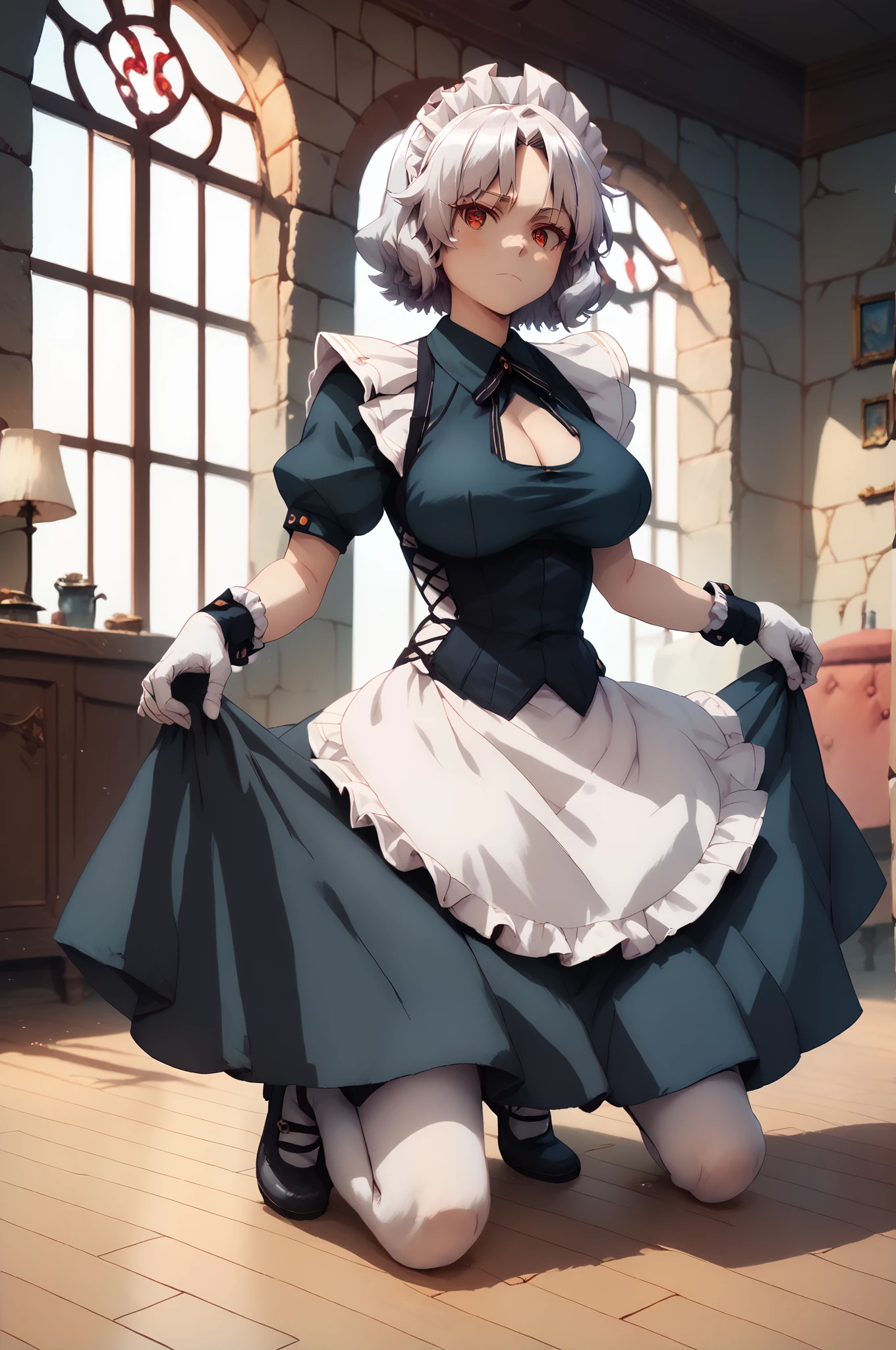 sentouinsnow, blue hair, long hair, blue eyes, large breasts, 1girl, pantyhose, maid, gloves, maid_headdress, solo, apron, frills, elbow_gloves, dress, black_gloves, black_legwear, short_hair, broom, lips, breasts, standing, puffy_sleeves, blush, looking_at_viewer, leaning_forward, open_mouth, holding, smile, bangs, earrings, black_dress, maid_apron, red_lips"glow effects, godrays, Hand drawn, render, 8k, octane render, cinema 4d, blender, dark, atmospheric 4k ultra detailed, cinematic, Sharp focus, big depth of field, Masterpiece, colors, 3d octane render, 4k, concept art, trending on artstation, hyperrealistic, Vivid colors, extremely detailed CG unity 8k wallpaper, trending on CGSociety, Intricate, High Detail, dramatic", anime coloring, anime screencap, sweating, steaming body, fog