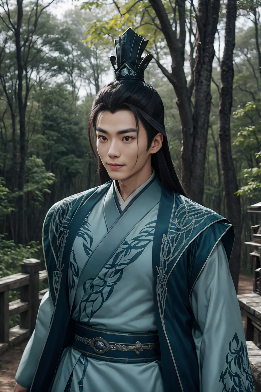 upper body shot, qinwuyan, muscular asian male, long hair, blue hanfu, topknot, hat, gentle smile, standing, looking at viewer, HDR, 4K UHD, hyperrealistic, in a forest, extremely high resolution, best quality, <lora:qinwuyang768v2:0.8>