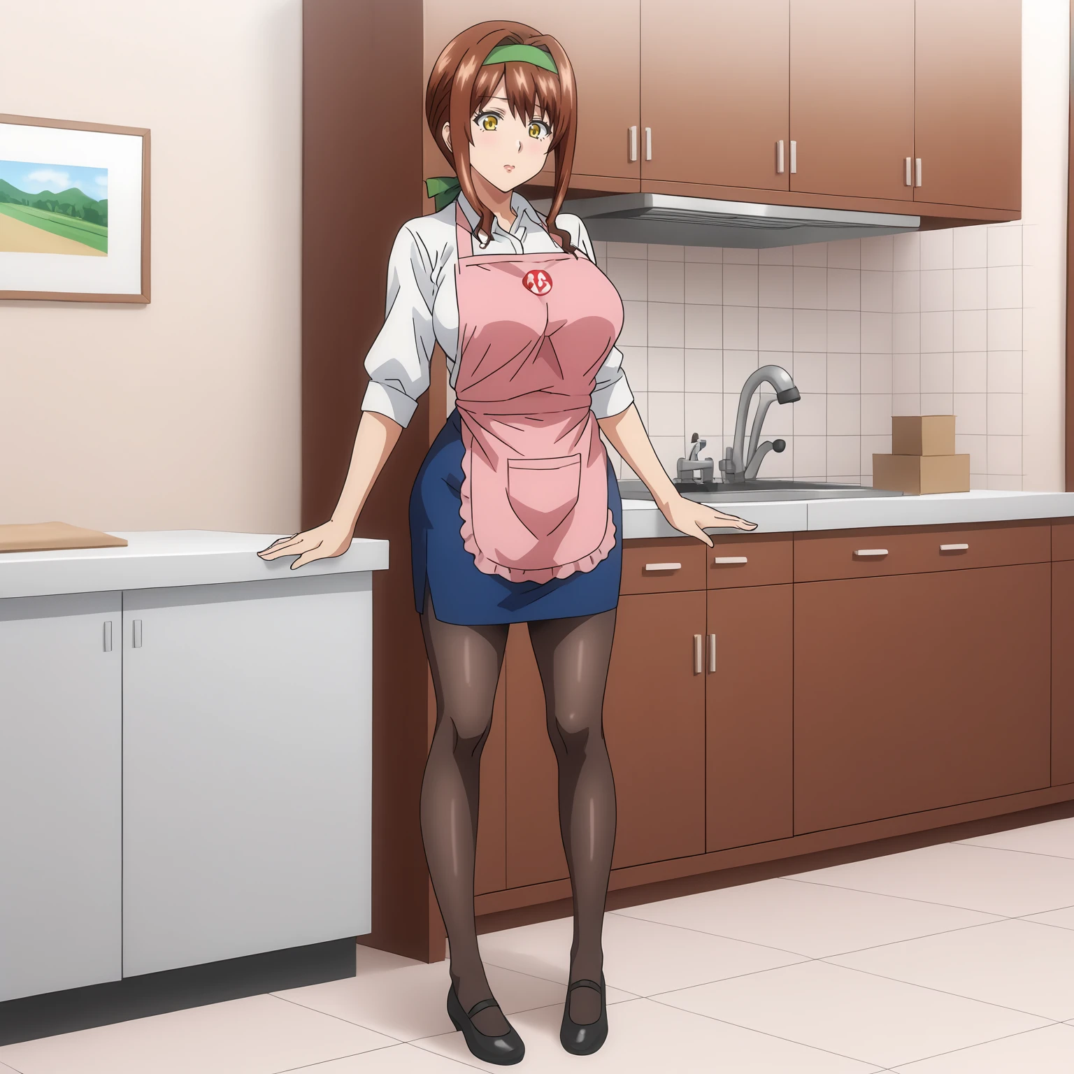 <lora:HarukaShigaXLpony001>,
solo,
HarukaShiga,1girl,brown hair,green hair band,low ponytail,yellow eyes,
large breasts,
full body,standing,
white shirt,collared_shirt,pink apron,
pencil_skirt,blue skirt,
black_pantyhose,