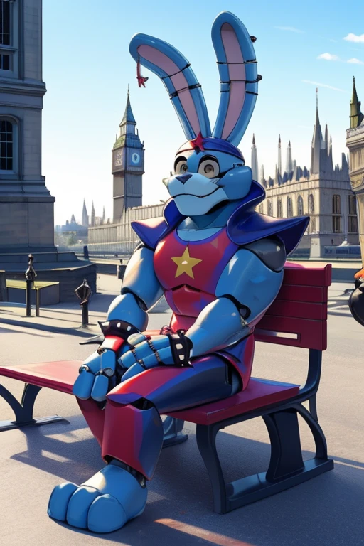 <lora:glambon-06:1> glambon, robot, ,, rabbit ears, furry, solo, star (symbol), jewelry, spiked bracelet, fingerless gloves, headband, blue skin, red body suit, navy shoulder pads, blue fur, extremely detailed background, 8k, sitting on bench, in london, big ben, sitting near big ben,, masterpiece, best quality