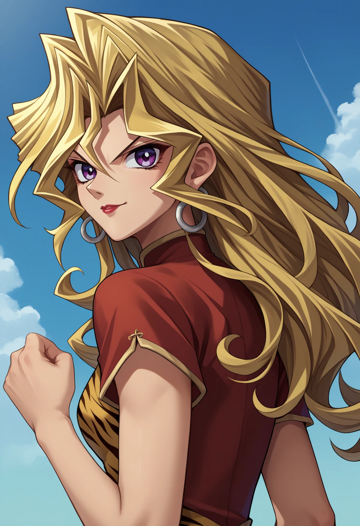 score_9, score_8_up,score_7_up, source_anime, rating_safe, 1girl, solo, <lora:EPygKujakuMai:1>, EPygKujakuMai, purple eyes, blonde hair, long hair, wavy hair, hair between eyes, hair intakes, hoop earrings, red lips,  china dress, tiger print, from side, blue sky, smile, looking at viewer, fighting stance, from below, serious,