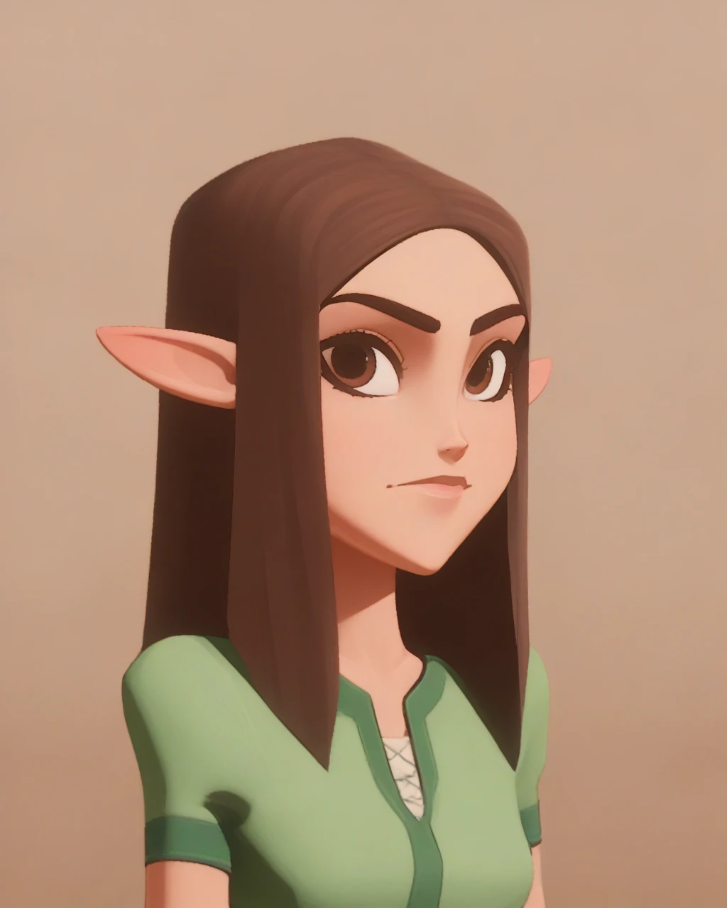 <lora:MnM Woodelf Druid - PDXL:1.0>source_cartoon, score_9, low_poly, upper body, mnm, woodelf, female, pointy ears, dark brown hair, standing, brown eyes, small breasts, pointy breasts, green tunic, green pants, portrait,  facial details, looking at viewer,   <lora:PonyXL_Deep_Ink_Enhanced:1.5>, source_cartoon, score_9, score_8_up, score_7_up,