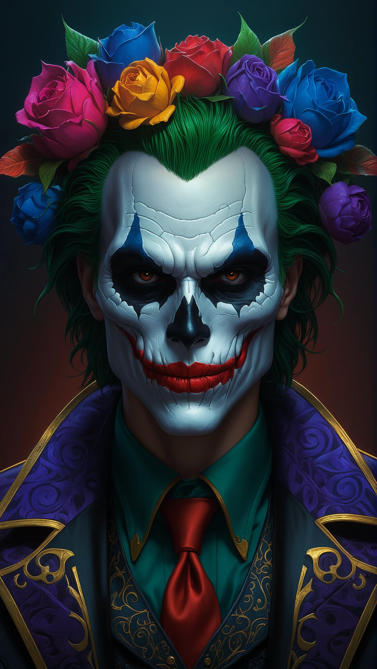 Hyper realistic art skull joker demon concept art portrait by Casey Weldon, Olga Kvasha, Miho Hirano, hyperdetailed intricately detailed gothic art trending on Artstation triadic colors Unreal Engine 5 detailed matte painting, deep color, fantastical, intricate detail, splash screen, complementary colors, fantasy concept art, 8k resolution, gothic DeviantArt masterpiece . Extremely high-resolution details, photographic, realism pushed to extreme, fine texture, incredibly lifelike