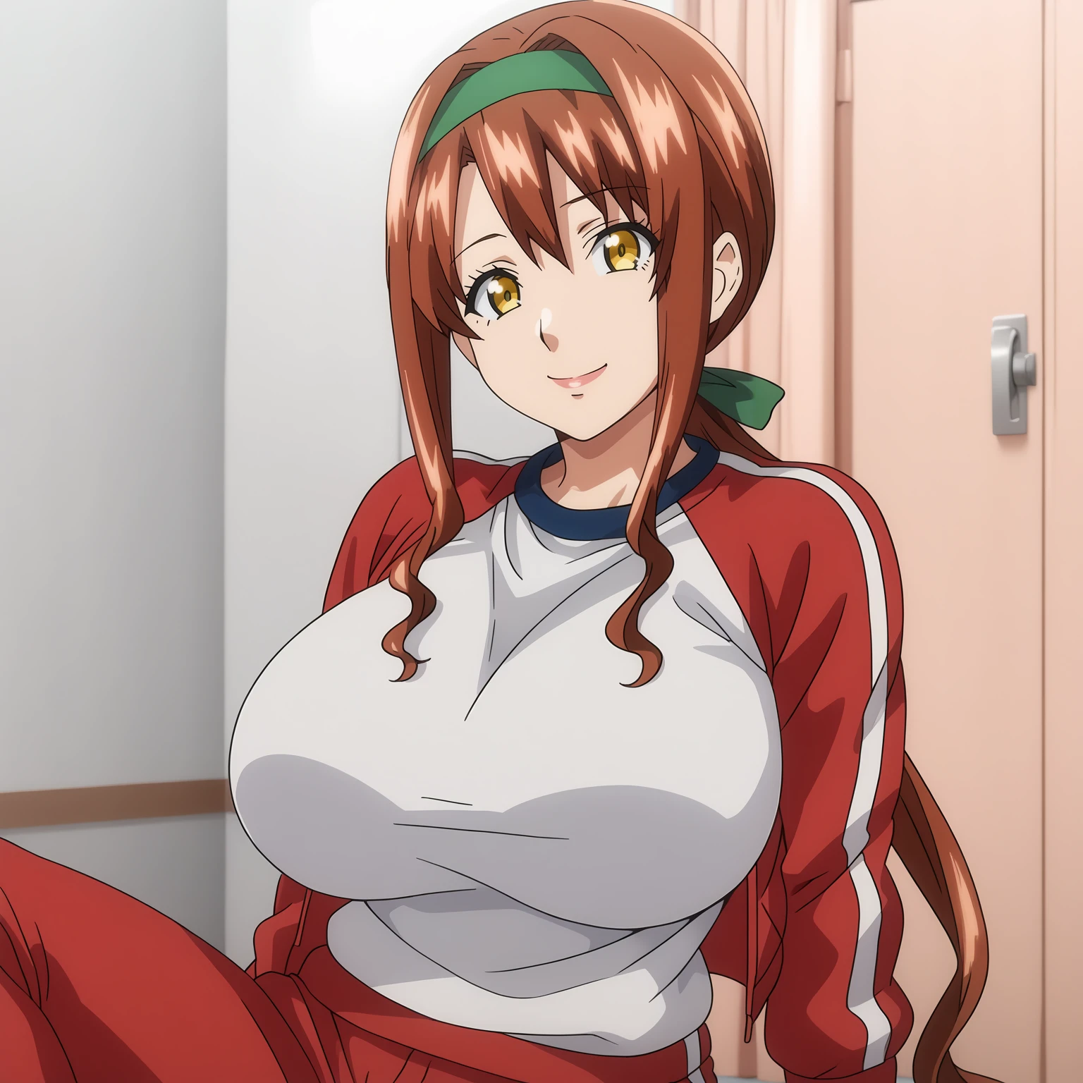 <lora:HarukaShigaXLpony001>,
smile,
solo,
HarukaShiga,1girl,brown hair,green hair band,low ponytail,yellow eyes,
large breasts,
gym uniform,red jacket,
red pants,
sitting,