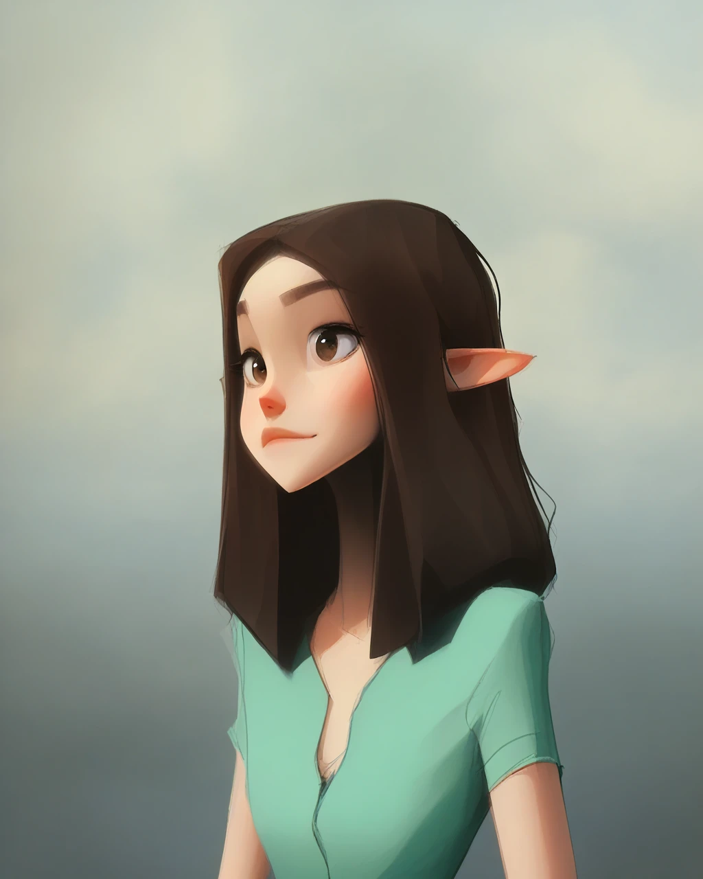 <lora:MnM Woodelf Druid - PDXL:1.0>source_cartoon, score_9, low_poly, upper body, mnm, woodelf, female, pointy ears, dark brown hair, standing, brown eyes, small breasts, pointy breasts, green tunic, green pants, portrait,  facial details, looking at viewer,    <lora:PonyXL_Sam Yang Style_S4MY4NGv1:1.5> S4MY4NG, realistic,, source_cartoon, score_9, score_8_up, score_7_up,