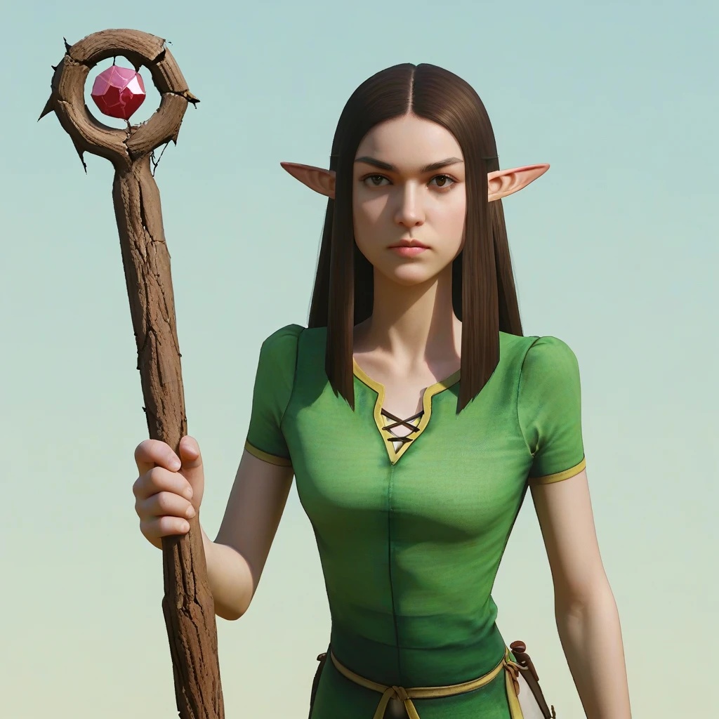 <lora:MnM Woodelf Druid - PDXL:1.3>source_cartoon, score_9, low_poly, mnm, woodelf, female, pointy ears, dark brown hair, standing, brown eyes, small breasts, pointy breasts, green tunic, holding cracked_staff, green pants, portrait,