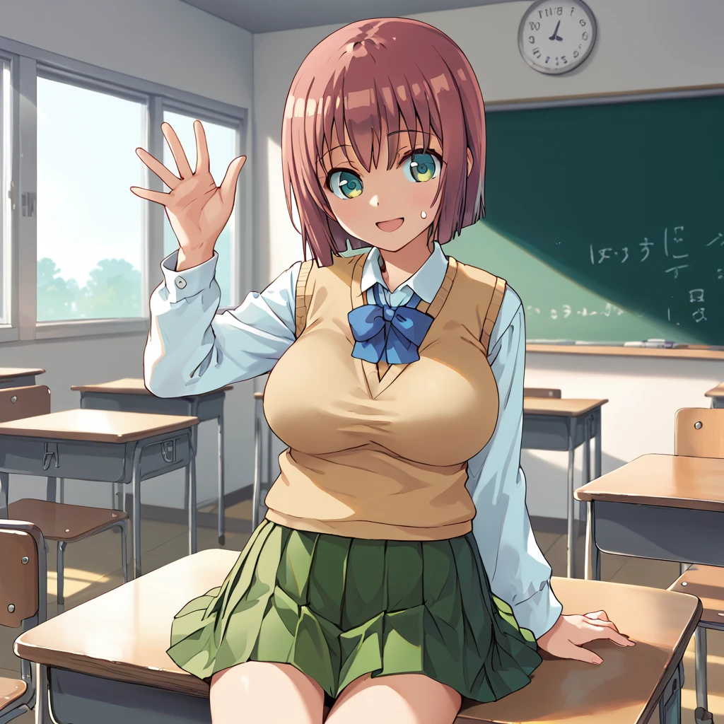 score_9, score_8, score_7, masterpiece,  BREAK,
akane_niimura, solo, green skirt, sweatervest, big breasts, 
classroom, waving,  sitting on desk,
 <lora:Akane_Niimura_Futabu_-_low_DIM:1>