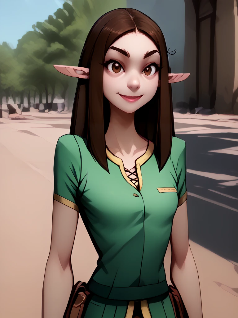 <lora:MnM Woodelf Druid - PDXL:1.5> source_cartoon, score_9, low_poly, mnm, woodelf, female, pointy ears, dark brown hair, standing, brown eyes, small breasts, pointy breasts, green tunic, facing viewer, face focus,  <lora:PonyXL_Intricate_details:1> intricate detailsxl, detailed, high detailed, intricate details, many details, more details, smile, source_cartoon, score_9, score_8_up, score_7_up,