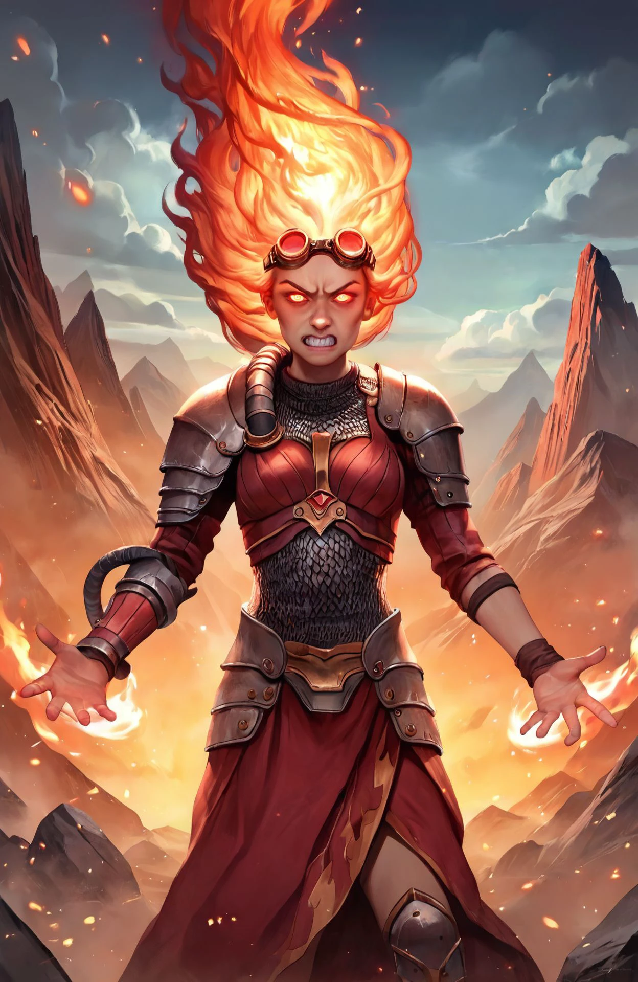 <lora:chandra_pny-9:0.8> chandra, 1girl, long hair, fiery hair, glowing eyes, goggles on head, armor, outdoors, rocks, overcast, cloudy sky, volcano, sharp rocks, steam, magic, pyrokinesis, light particles, fire, spread arms, looking at viewer, clenched teeth, red theme, from above, dutch angle, wall of fire, source_cartoon, source_anime, photoshop \(medium\),, score_9, score_8_up, score_7_up, score_6_up, score_5_up, score_4_up, ponypositive,, (masterpiece, perfectly detailed, detailed face, detailed eyes, beautiful eyes), (ultra HD quality details), 8K, extremely detailed, highres