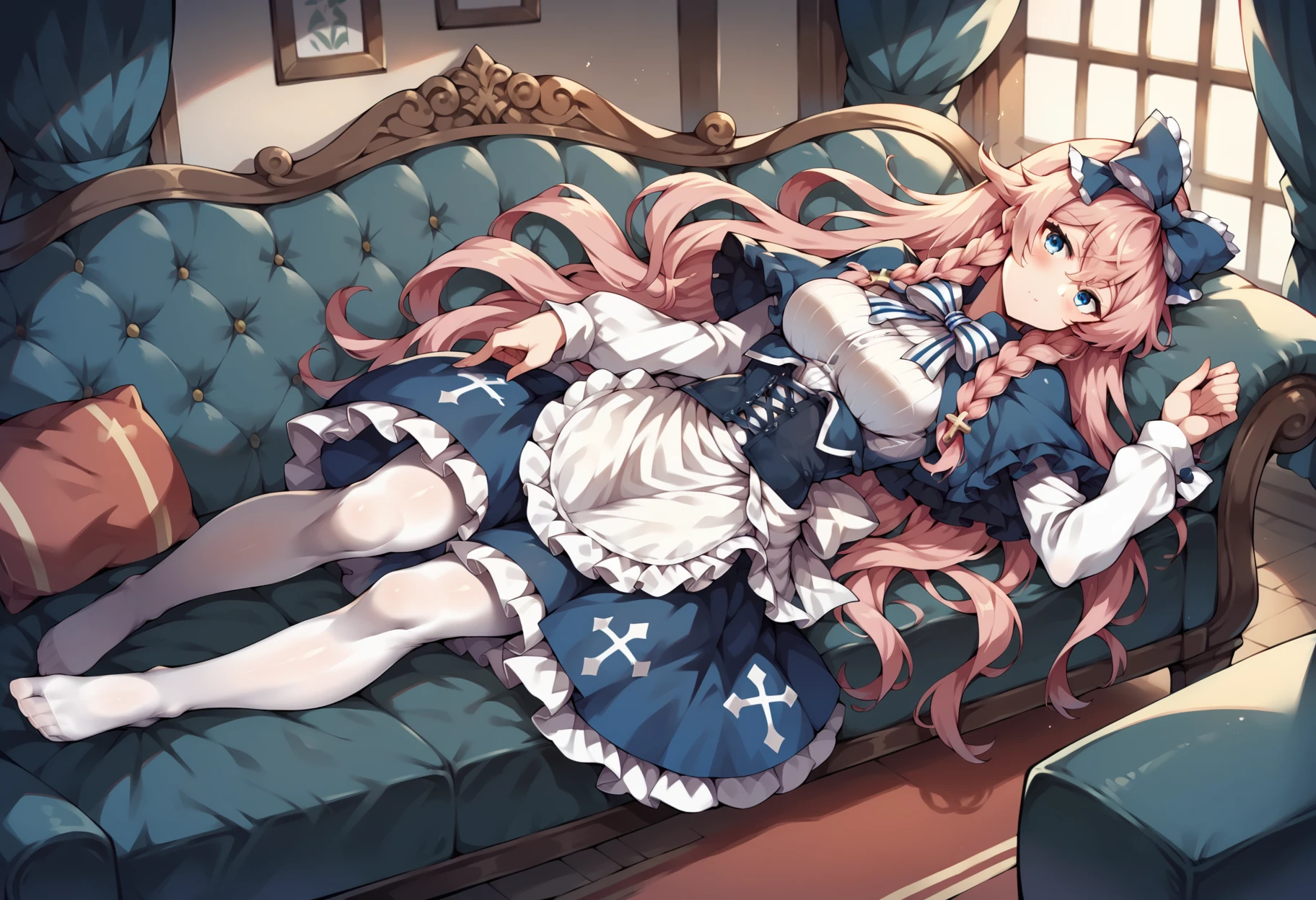 score_9, score_8_up, score_7_up, score_6_up, score_5_up, score_4_up, source_anime BREAK <lora:Harpae-v1:1> 1girl, harpae, hair bow, very long hair, wavy hair, pink hair, braids, blue capelet, bowtie, shirt, white sleeves, blue corset, skirt, apron, white pantyhose
lying on a sofa, (navy blue sofa), inside, mansion, blue sofa, red carpet, dim light
