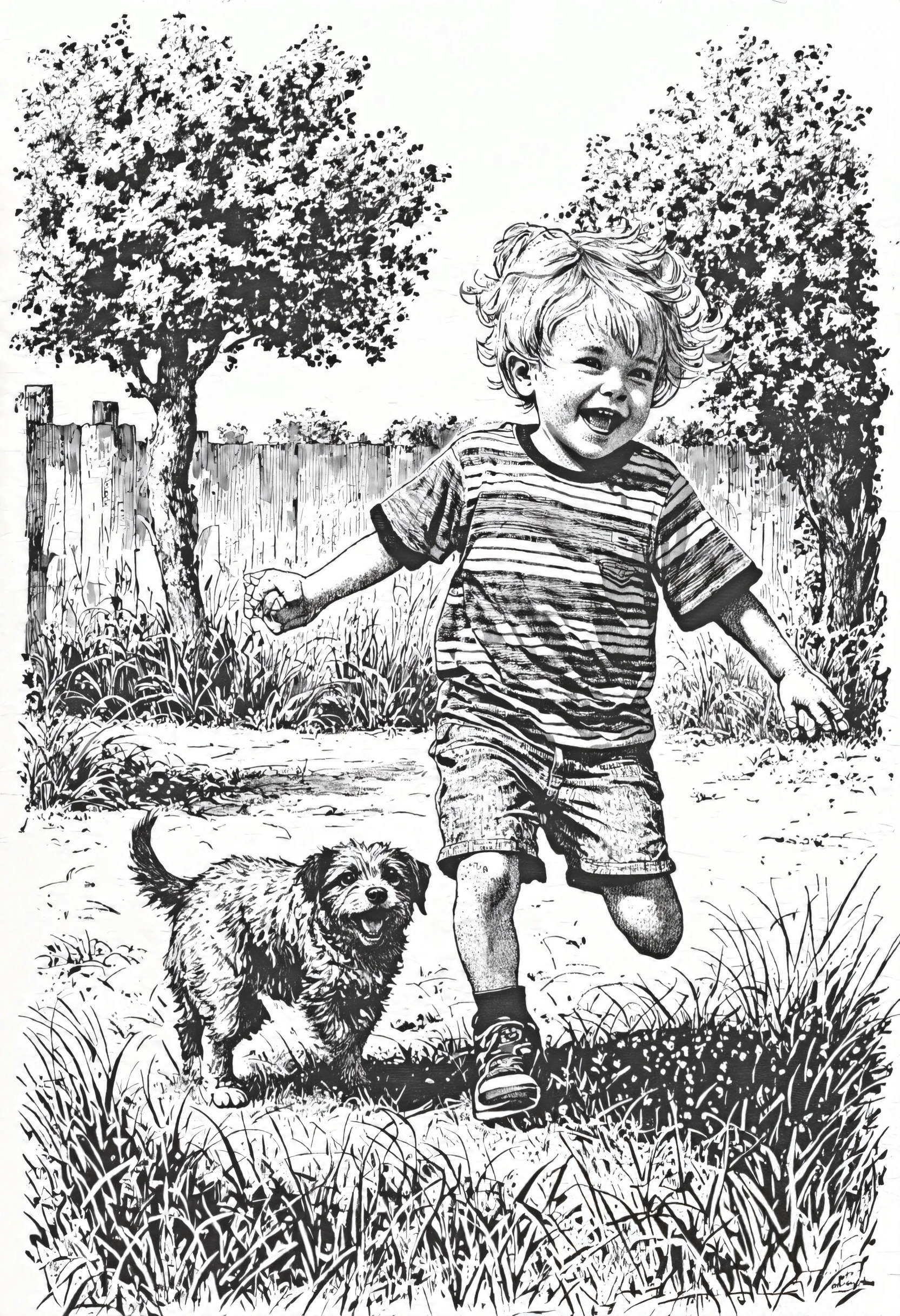 sketch/(ttp/), A young child plays with a puppy in the backyard, their laughter ringing through the air as they run around together. The child's short, blond hair is tousled from all the activity, and they wear a bright, colorful t-shirt and shorts. Their eyes are wide with excitement and pure joy as they chase the puppy, their cheeks flushed with happiness. The puppy, equally playful, bounds around, creating a scene of carefree, unbridled joy