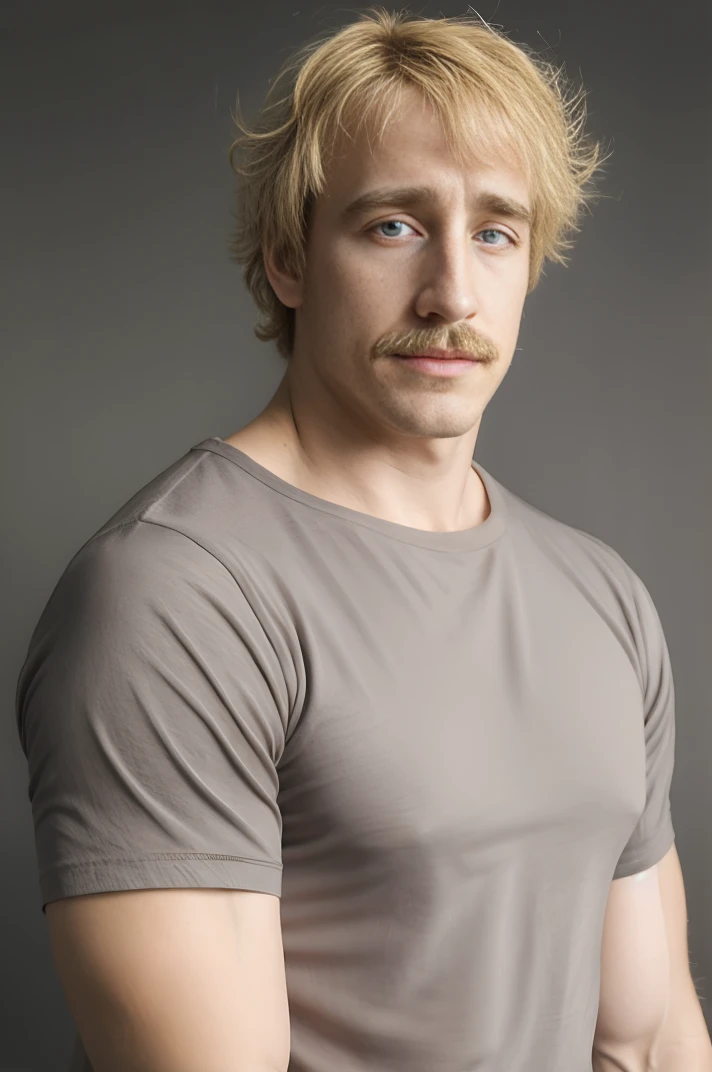 absurdres, upper body, <lora:Johness2011:0.8>, johness, (tareme:0.7), muscular male, brown shirt, grey background, (mustache:0.8), (messy hair:0.8), blonde hair